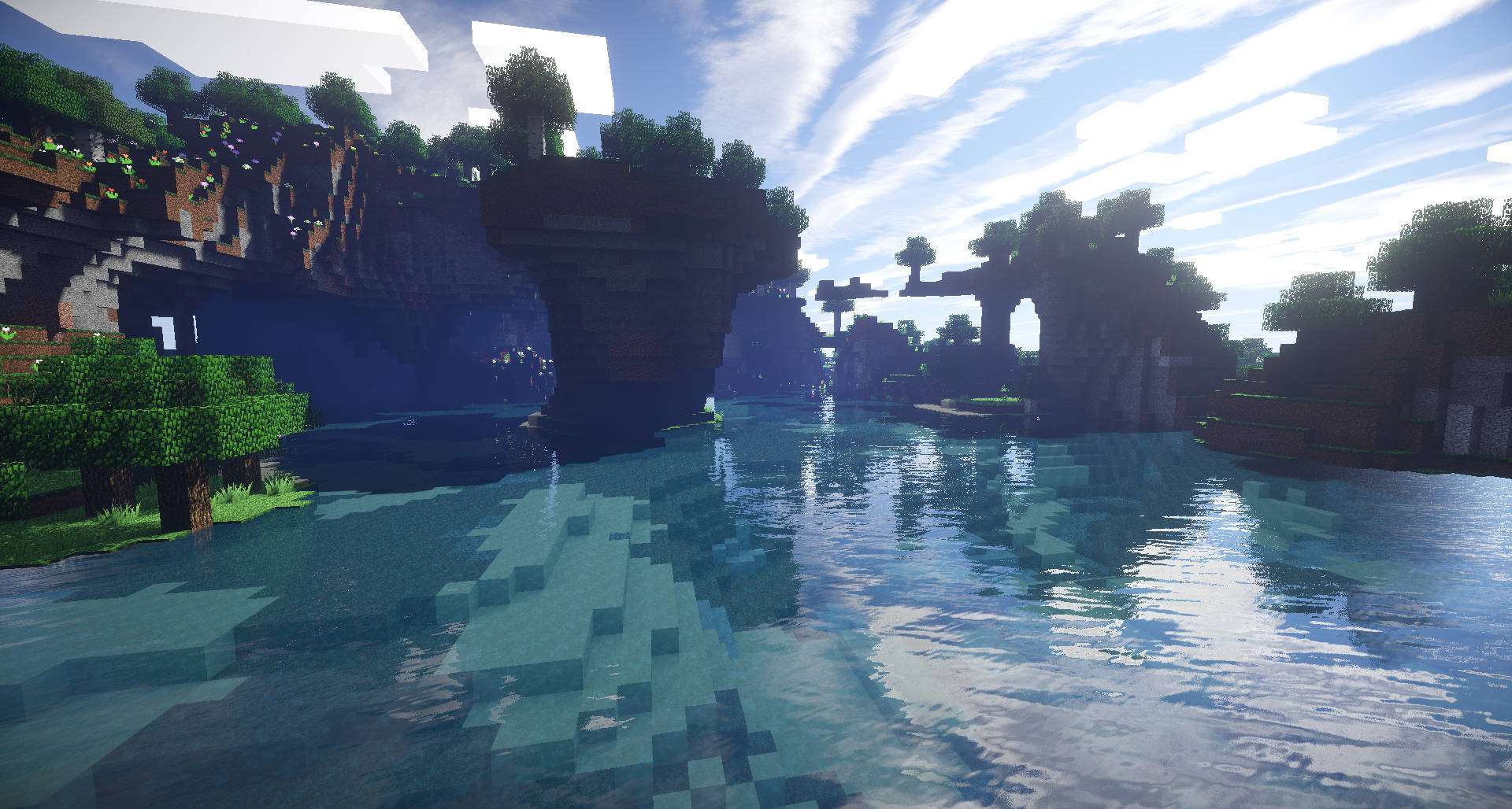 View 桌布 壁紙 — 一個寧靜的Minecraft景觀，像素化的水面倒映著浮島和茂密的綠樹，在明亮的藍天下。