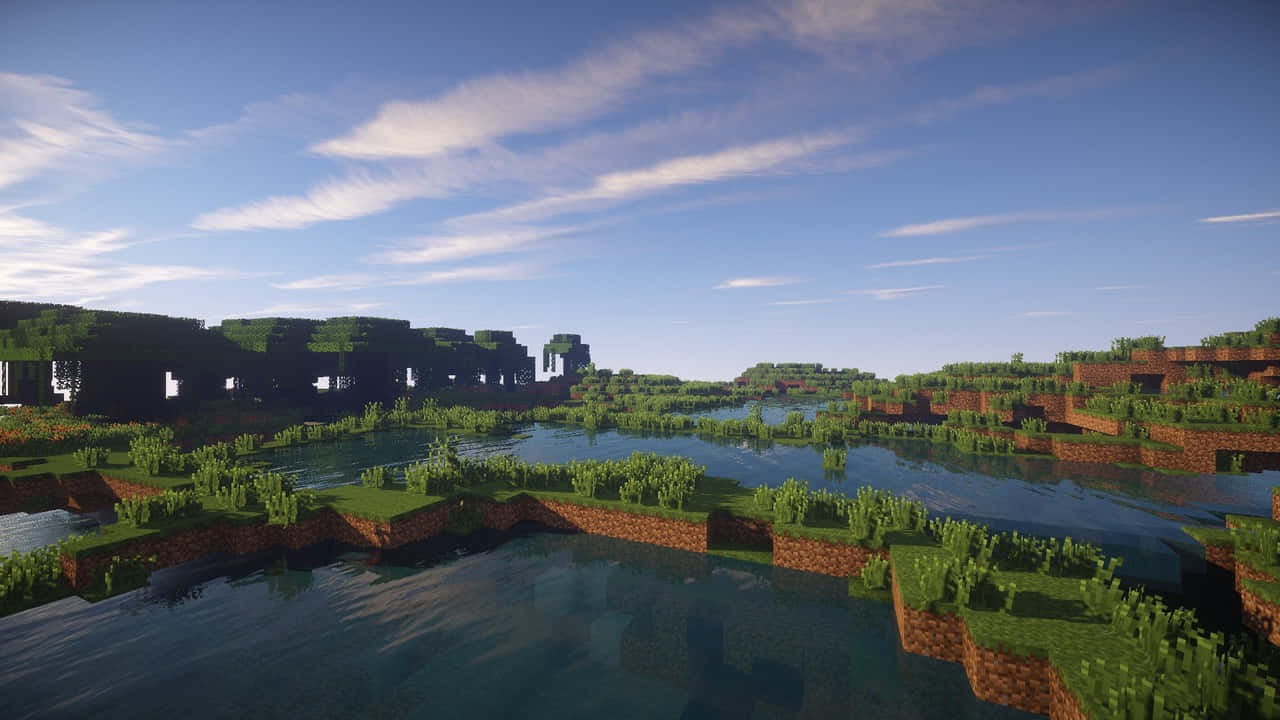 Rainforest 桌布 壁紙 — 一個寧靜的Minecraft景觀，有方塊形狀的綠色島嶼和河流，在明亮的藍天下有輕柔的雲。