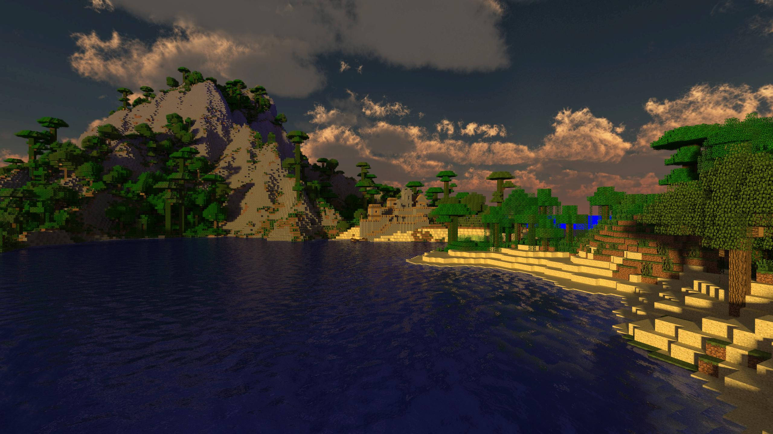 海洋 桌布 壁紙 — 一個寧靜的Minecraft景觀，有方塊樹木和山脈在平靜的水面倒影，襯托著戲劇性的日落天空。