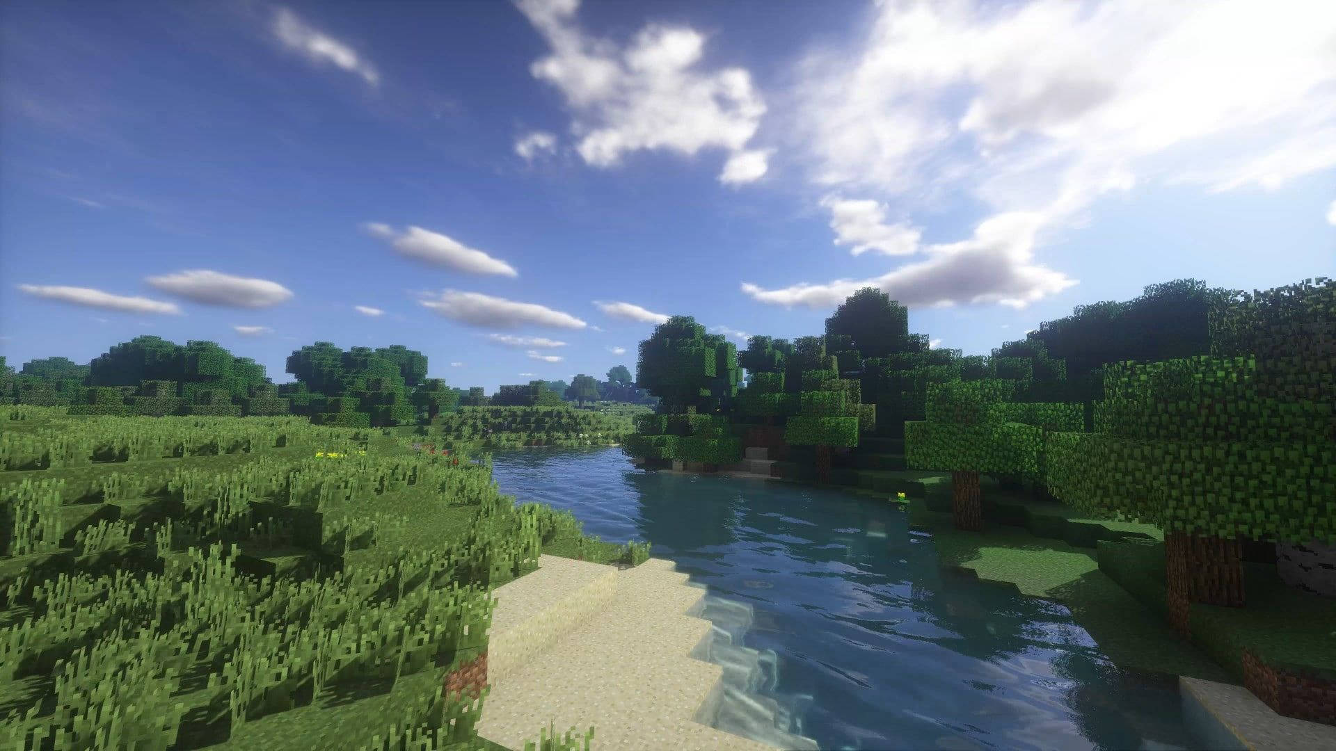 自然風景動圖 桌布 壁紙 — 一個寧靜的Minecraft景觀，蜿蜒的河流流經茂密的綠草和方塊樹木，在明亮的藍天下有蓬鬆的雲朵。