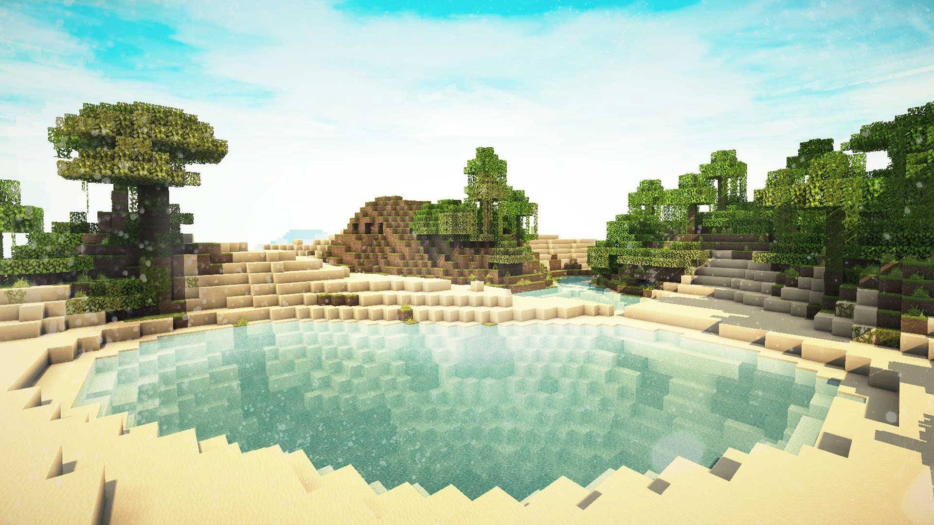 Minecraft Aesthetic 桌布 壁紙 — 一個寧靜的Minecraft景觀，有一個清澈的水池，周圍是方塊樹木和沙地，在明亮的藍天下。