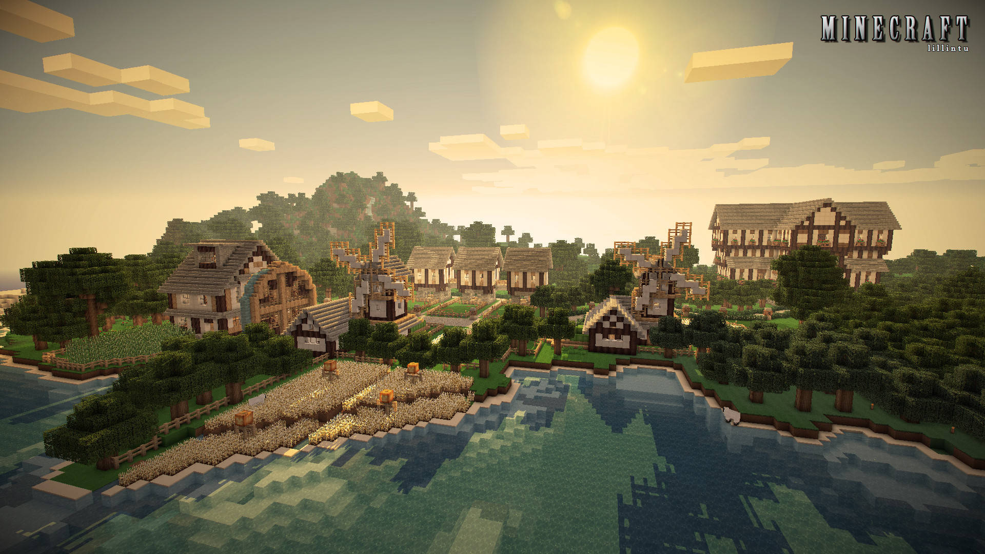 夕陽下河邊的Minecraft村莊，有方塊狀的房屋和樹木。