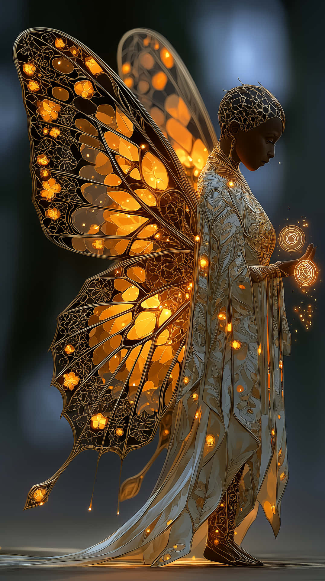 Regal Butterfly Mage Casting Magic with Golden Wings 壁紙 — 一個寧靜的人物，擁有精緻的金色蝴蝶翅膀和發光的球體，漂浮在黑暗的環境空間中。