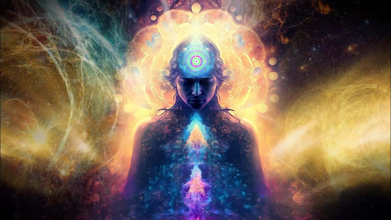 Spiritual Awakening 桌布 壁紙 — 一個寧靜的人物，頭部和胸部散發出發光的宇宙能量，背景是旋轉的星雲。