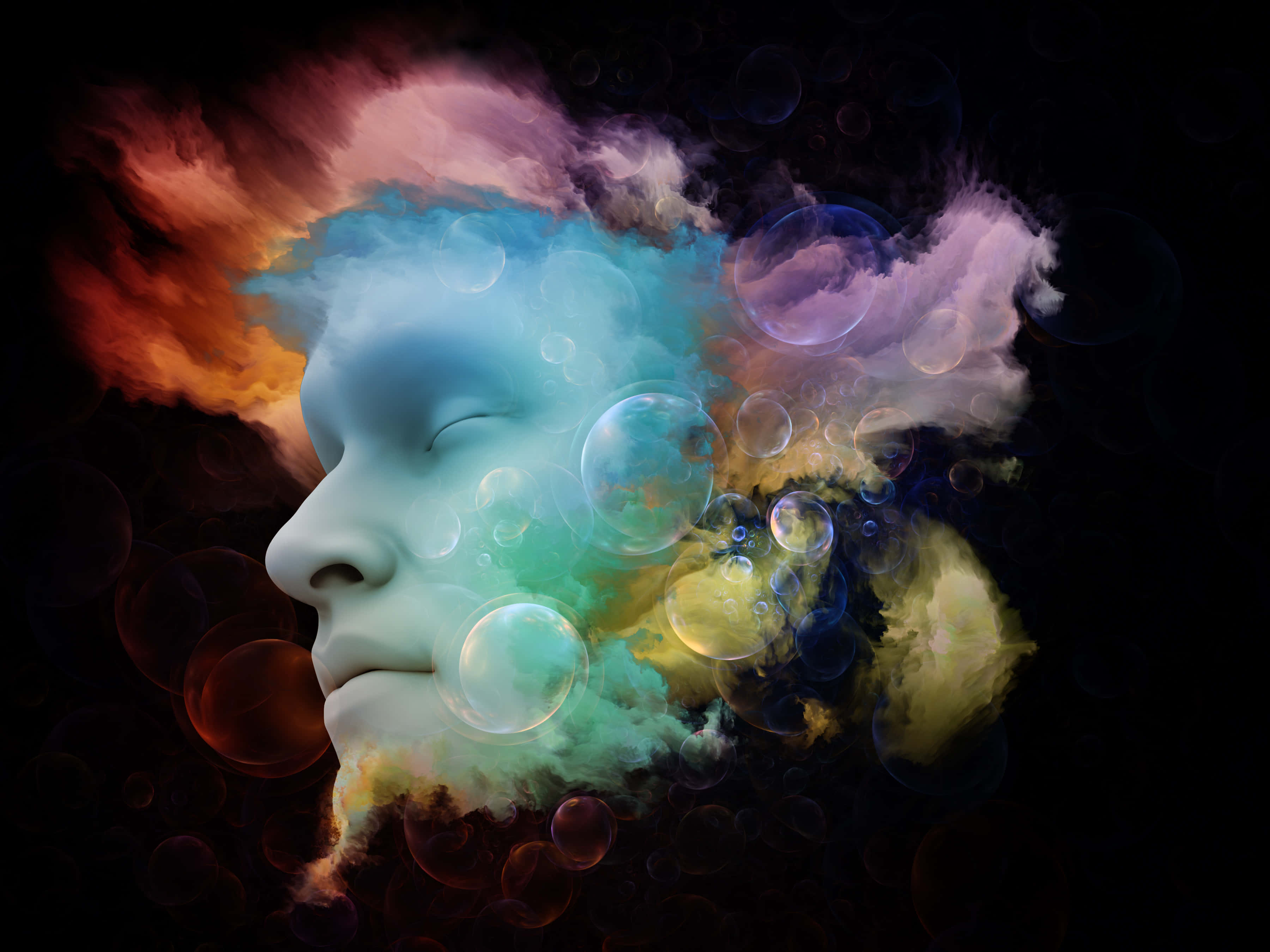 Dreaming 桌布 壁紙 — 一個寧靜的人類側面從旋轉的宇宙色彩和漂浮的氣泡中浮現，背景是黑暗的虛空。