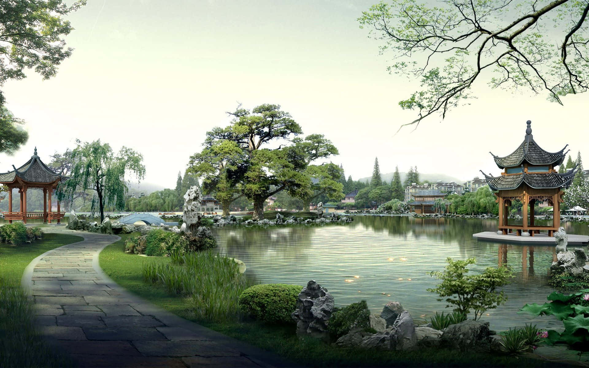 中國 桌布 壁紙 — 一個寧靜的傳統中式花園，石徑蜿蜒經過平靜的池塘，池塘邊有亭台和垂柳，在柔和的光線下。
