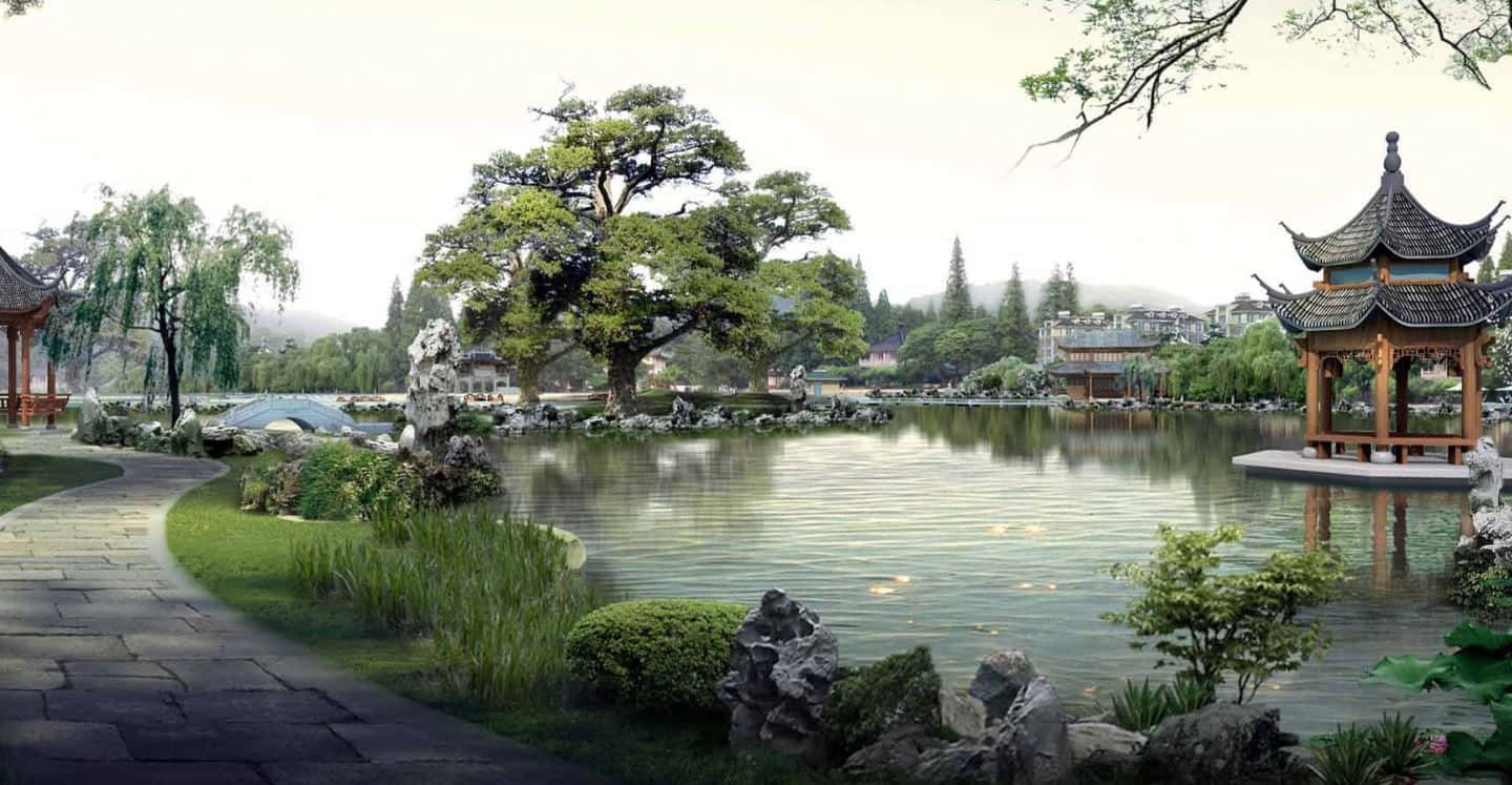Feudal Japan 桌布 壁紙 — 一個寧靜的傳統中式花園，石徑蜿蜒經過平靜的池塘，池塘上有木製亭子和垂柳，在柔和的光線下。