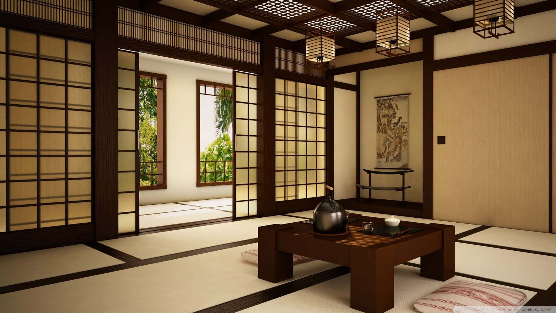 Home 桌布 壁紙 — 一個寧靜的傳統日式房間，鋪有榻榻米、木製推拉門，以及一張放有茶具的低矮桌子，沐浴在溫暖的環境光中。