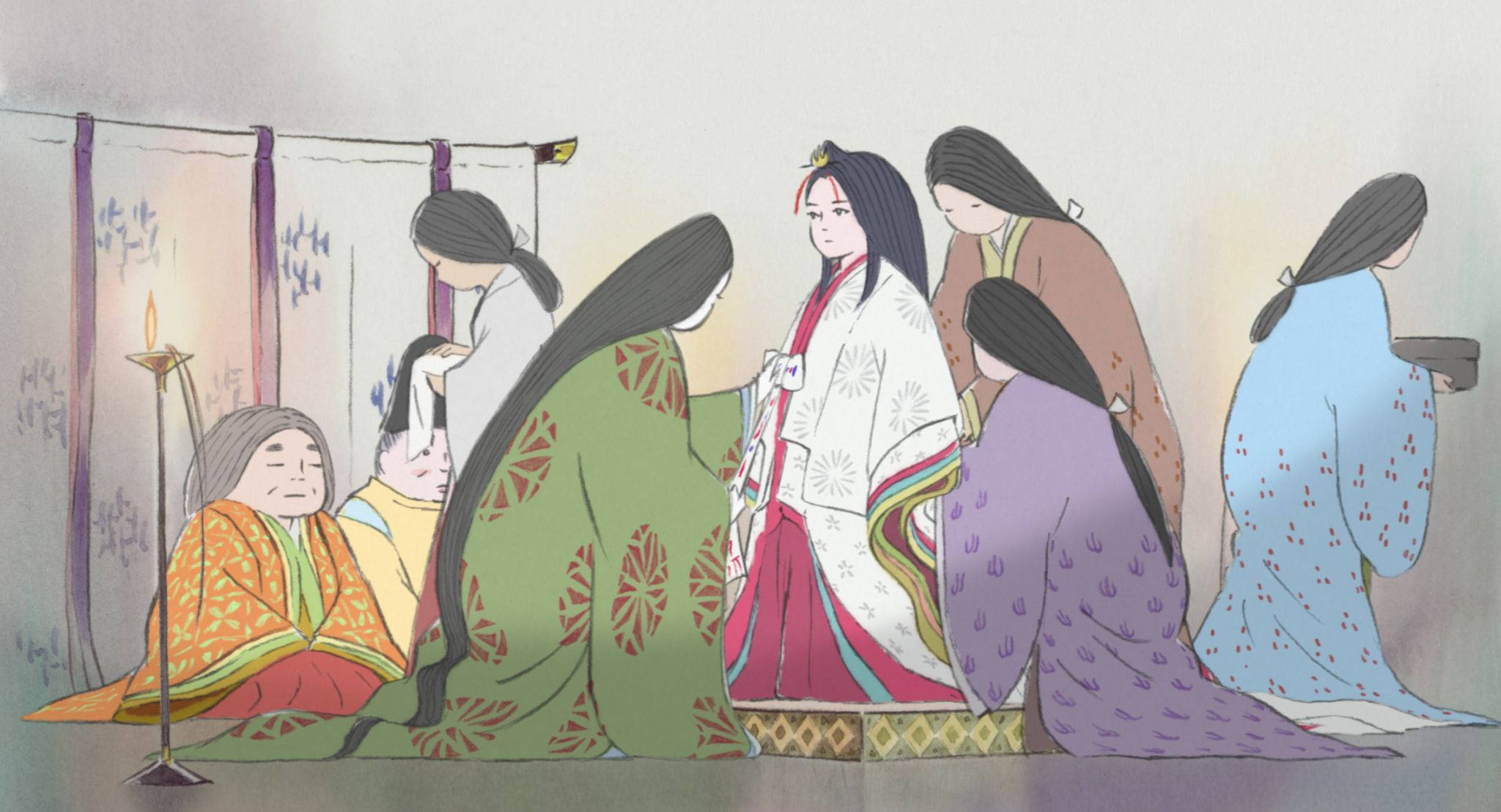 Studio 桌布 壁紙 — 一個寧靜的傳統日本場景，穿著和服的女性聚集在一個光線柔和的房間裡，圍繞著一個中心人物。