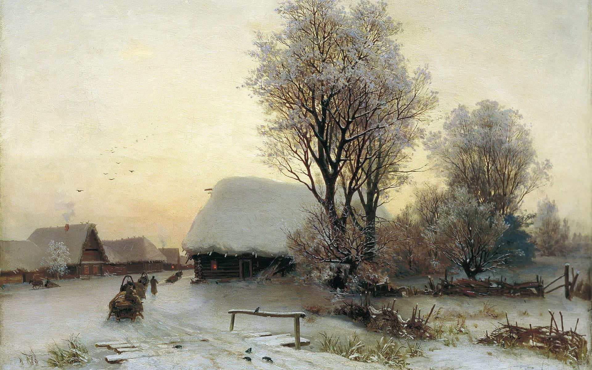 Winter Painting 桌布 壁紙 — 一個寧靜的冬季村莊場景，有被雪覆蓋的木屋、光禿禿的樹木，以及一輛馬拉雪橇在黎明時分穿過霜凍的風景。