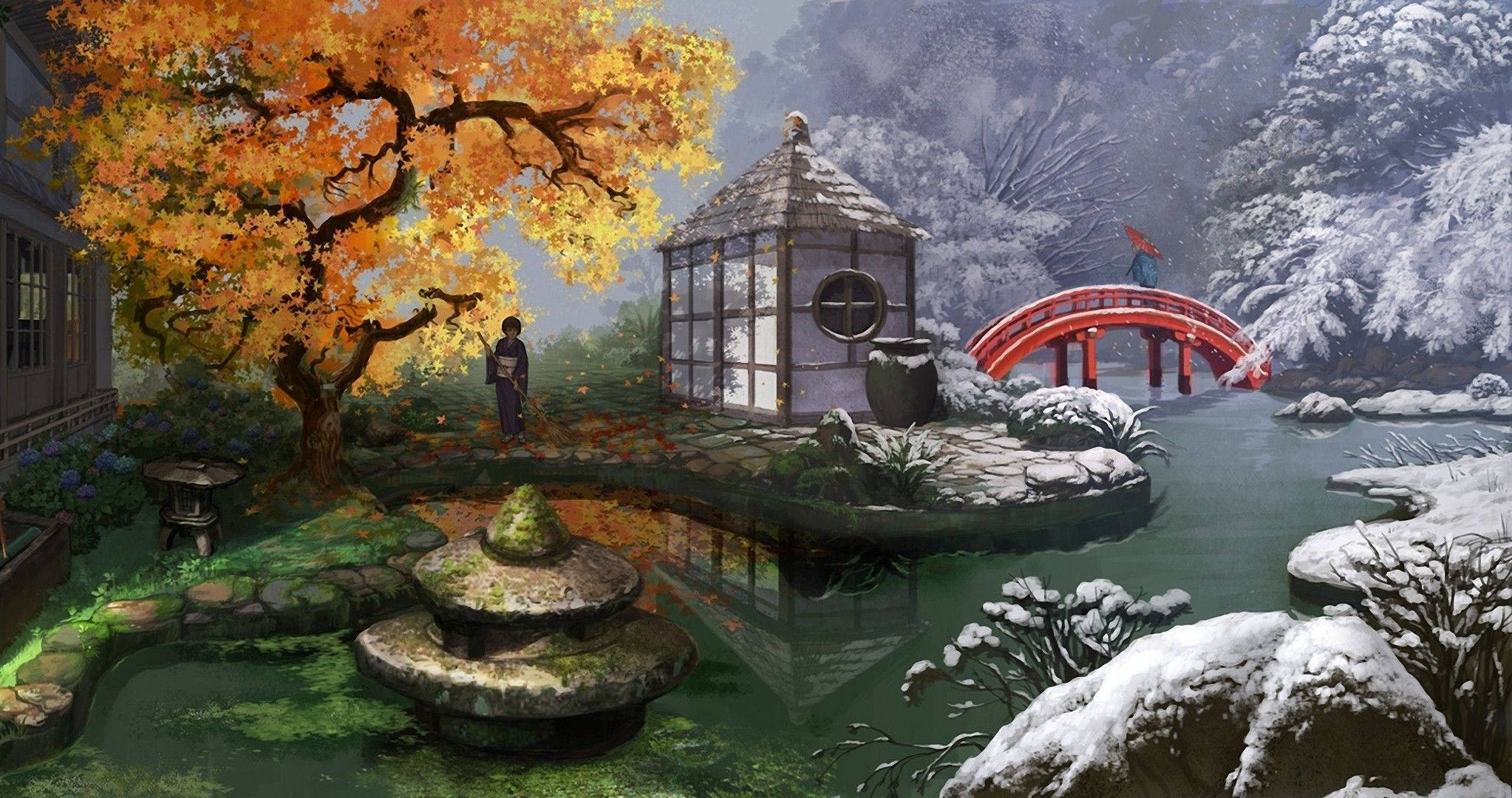 藝術 桌布 壁紙 — 一個寧靜的冬季花園，旁邊有一個充滿活力的橙色楓樹，旁邊是一個白雪覆蓋的池塘和紅色拱橋。