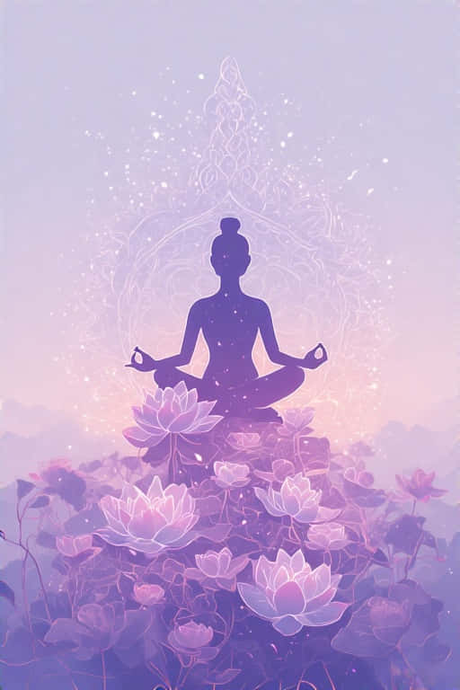 Minimalist Yoga Lotus Pose Calming Lavender 4K 壁紙 — 一個寧靜的剪影，一個冥想的人物盤腿坐在發光的紫色蓮花上，背後有光芒四射的曼陀羅光環。