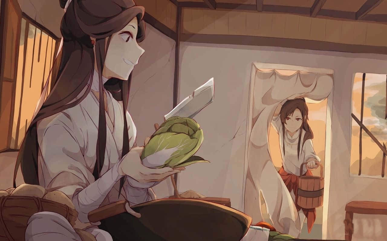 動漫女孩 桌布 壁紙 — 一個寧靜的動漫場景，一位穿著傳統長袍的女性正在切高麗菜，而另一位則拿著木桶走進來。