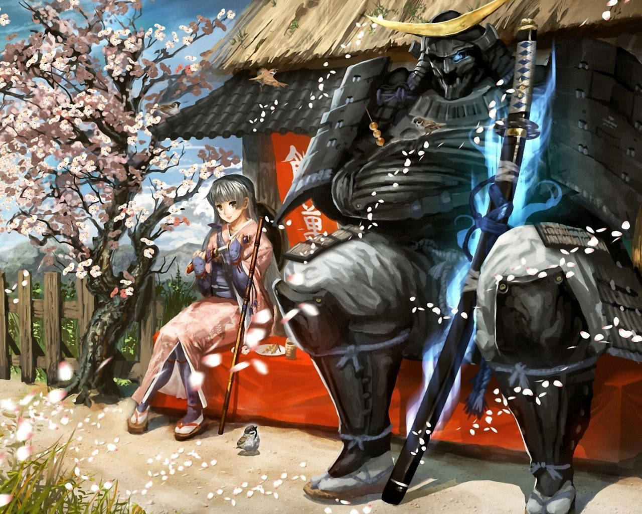 Samurai Art 桌布 壁紙 — 一個寧靜的動漫場景，一個穿著粉紅色和服的年輕女孩站在盛開的櫻花下，旁邊是一個高聳的盔甲武士。