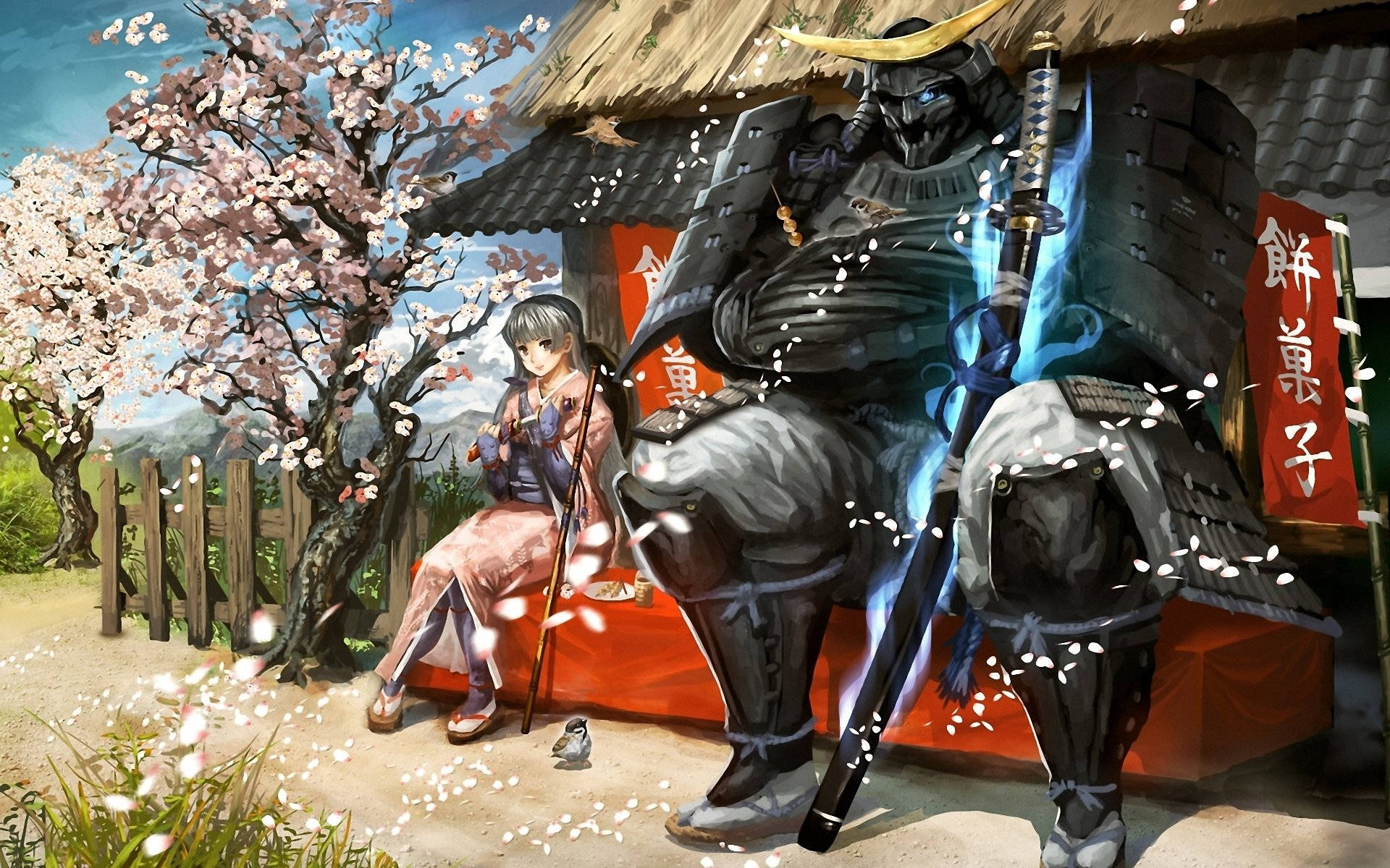 Samurai Art 桌布 壁紙 — 一個寧靜的動漫場景，武士和年輕女孩在盛開的櫻花下，靠近傳統的日本攤位。