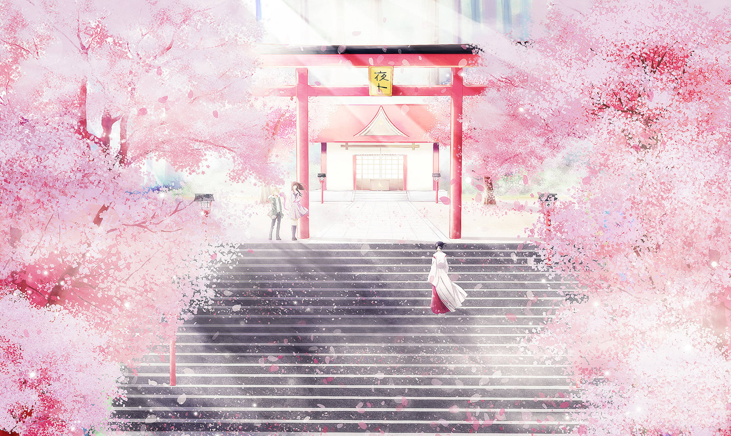 Pink Anime Aesthetic 桌布 壁紙 — 一個寧靜的動漫場景，紅色鳥居被盛開的櫻花環繞，花瓣飄落在樓梯周圍，人物站立和行走。