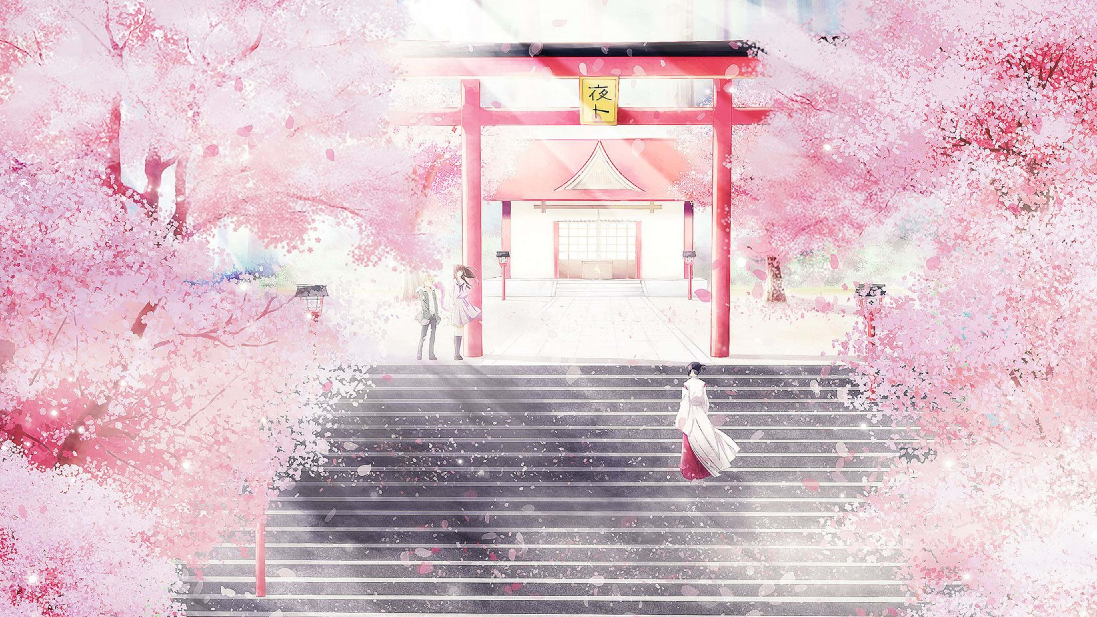 Aesthetic Pink Anime 桌布 壁紙 — 一個寧靜的動漫場景，紅色鳥居被盛開的粉紅櫻花環繞，花瓣飄落在上升的樓梯周圍。