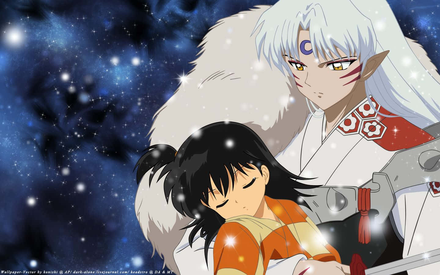 Inuyasha And Sesshomaru 桌布 壁紙 — 一個寧靜的動漫場景，顯示一位白髮魔王在閃爍的星空下輕輕地抱著一個熟睡的女孩。