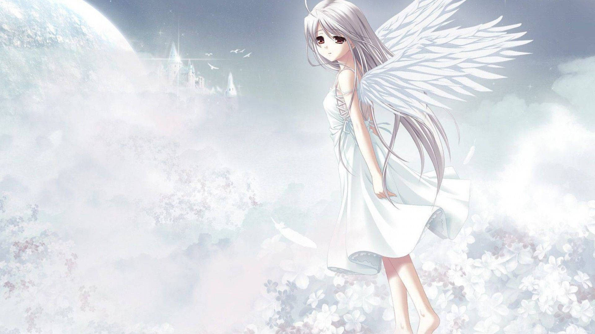 動漫女孩 桌布 壁紙 — 一個寧靜的動漫天使，白色翅膀，站在飄浮的櫻花中，下方是發光的月亮和遠處的城堡。