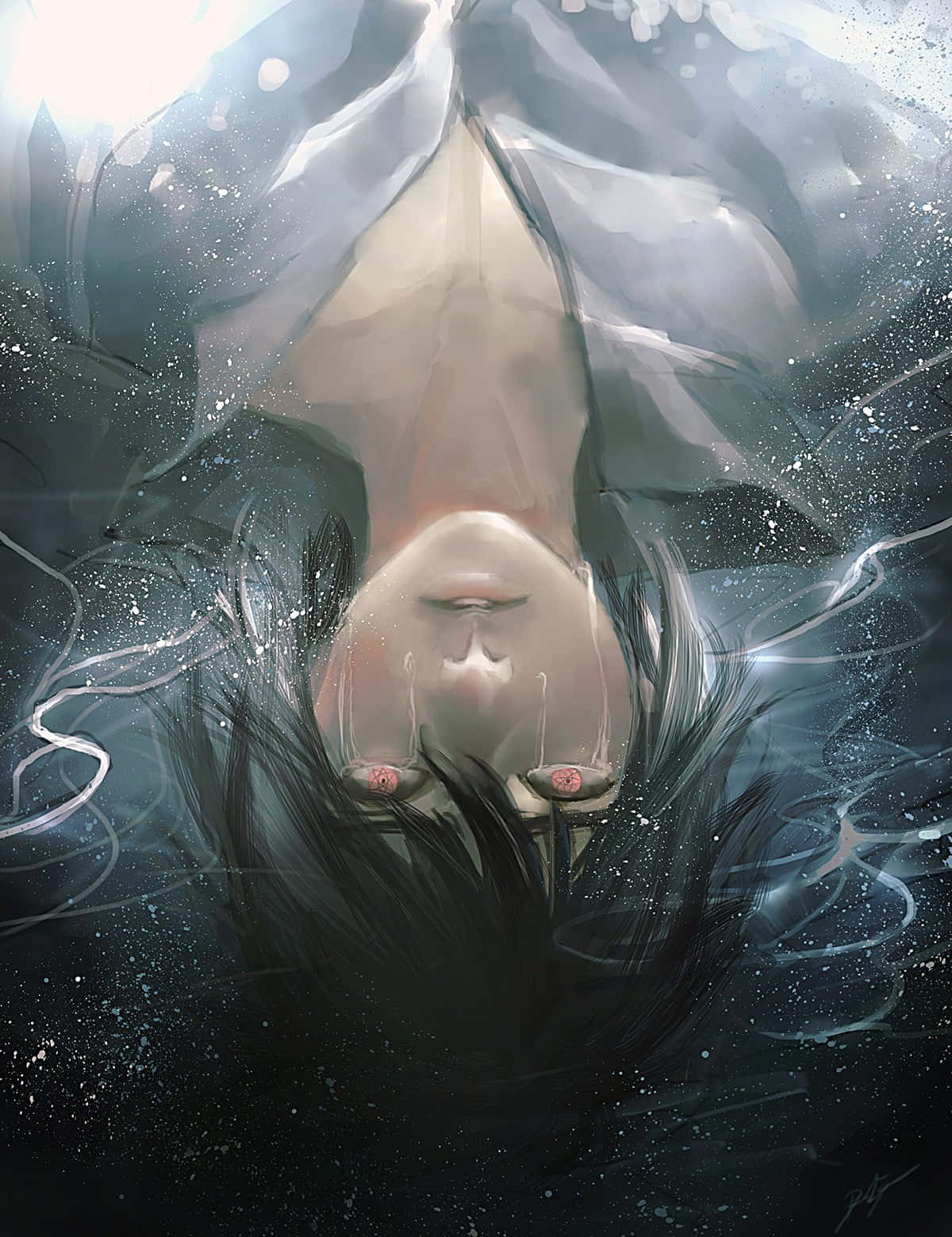 桌布 壁紙 — 一個寧靜的動漫女孩，擁有發光的紅色眼睛，在宇宙虛空中倒立漂浮，周圍環繞著旋轉的深色頭髮和閃爍的粒子。