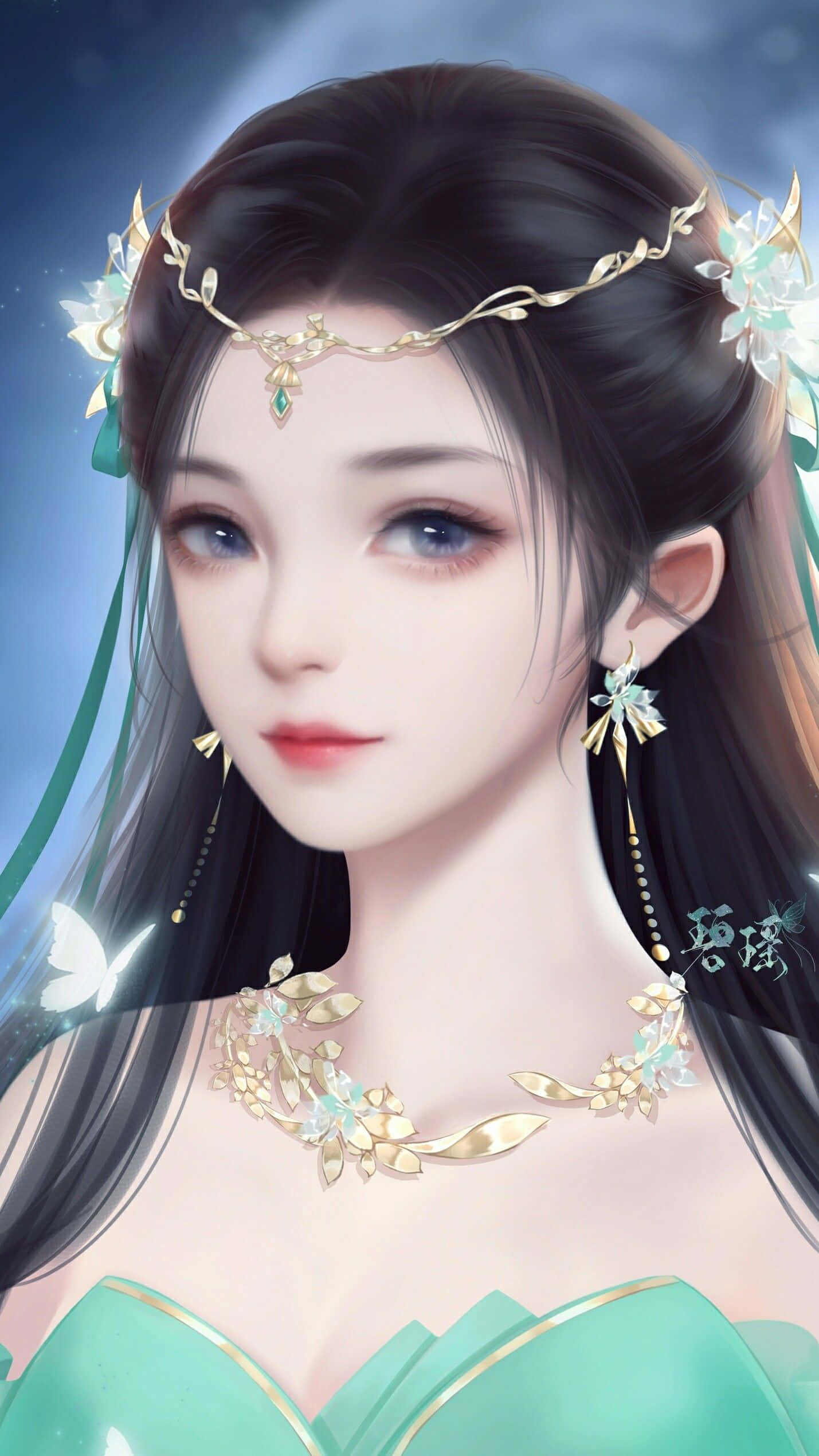 動漫藝術GIF 桌布 壁紙 — 一個寧靜的動漫女孩，深色頭髮上裝飾著花卉金色頭飾和相配的項鍊，在夢幻般的藍色背景下溫柔地凝視。