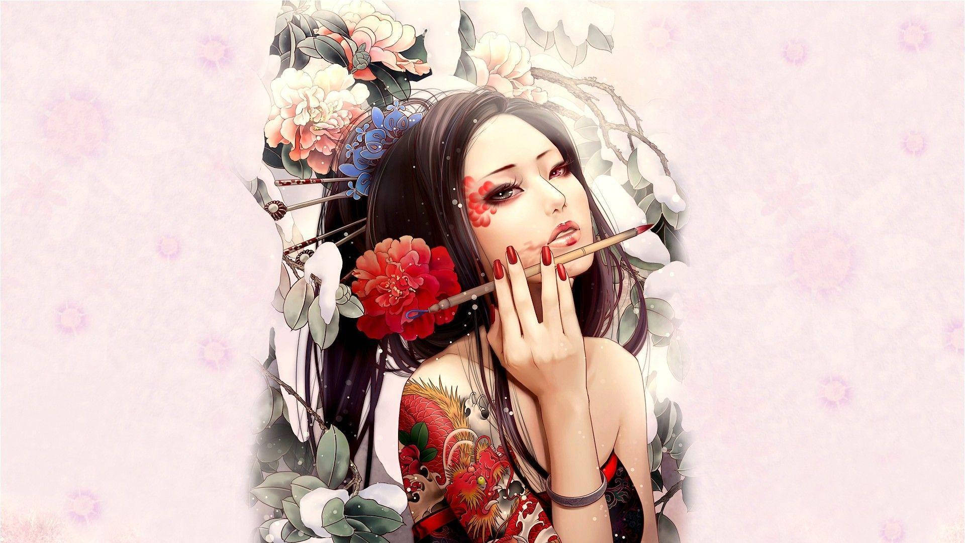 女孩 桌布 壁紙 — 一個寧靜的動漫女孩，深色頭髮和紅色花卉刺青，手持畫筆靠近嘴唇，周圍盛開的花朵襯托著柔和的粉紅色背景。