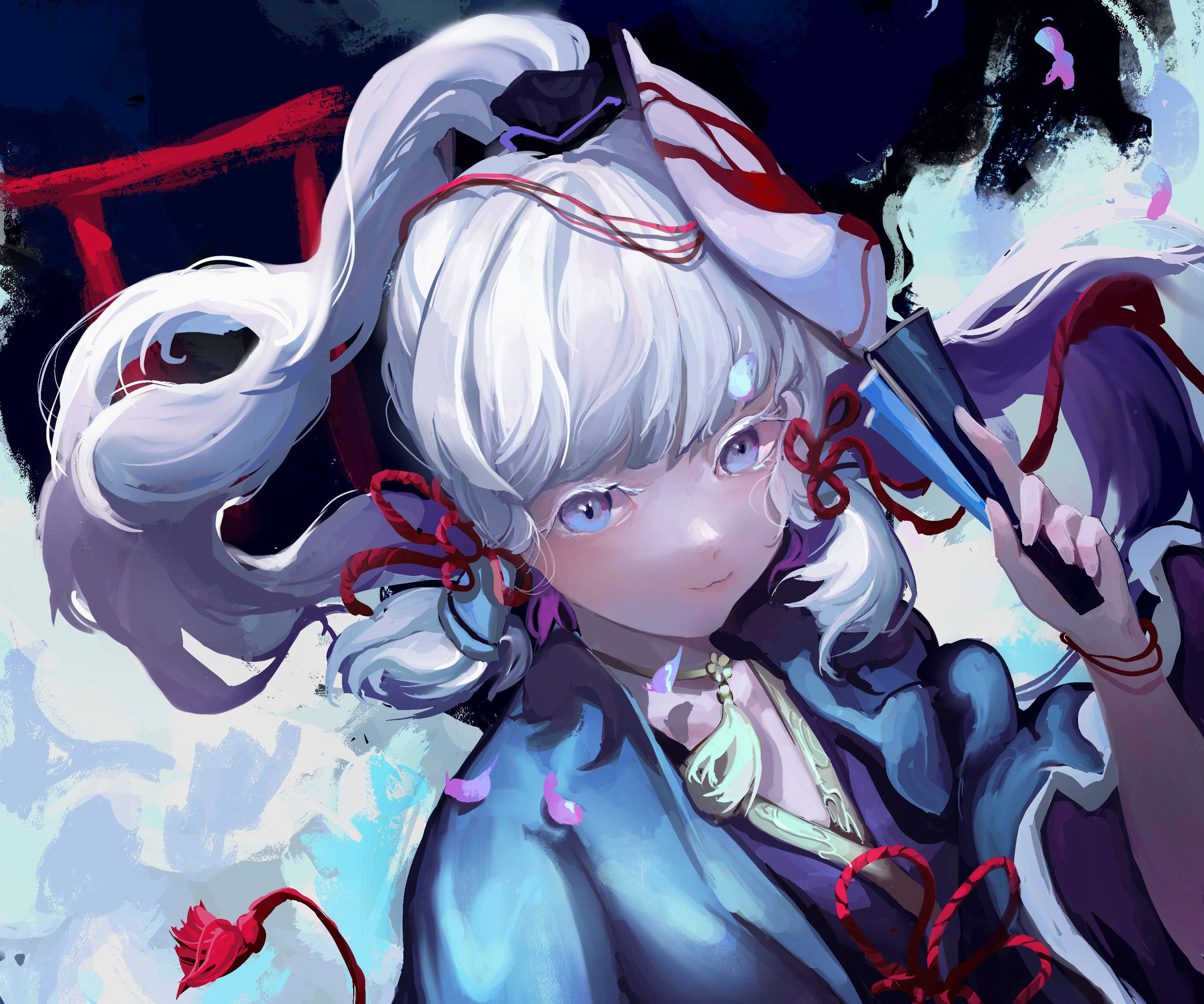 電玩遊戲 桌布 壁紙 — 一個寧靜的動漫女孩，白髮紅絲帶，在黑暗的天空和紅色鳥居前拿著發光的手杖。