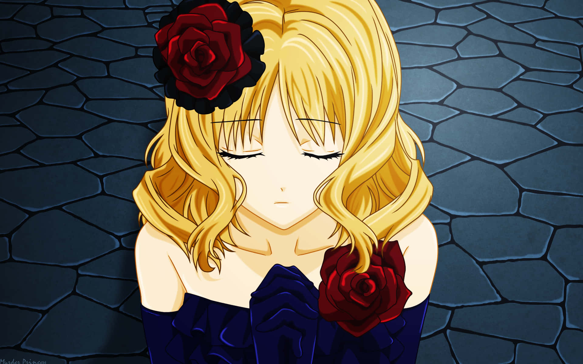 Diabolik Lovers 桌布 壁紙 — 一個寧靜的動漫女孩，金色頭髮和紅玫瑰裝飾她的頭部和胸部，背景是深色石鋪路面。