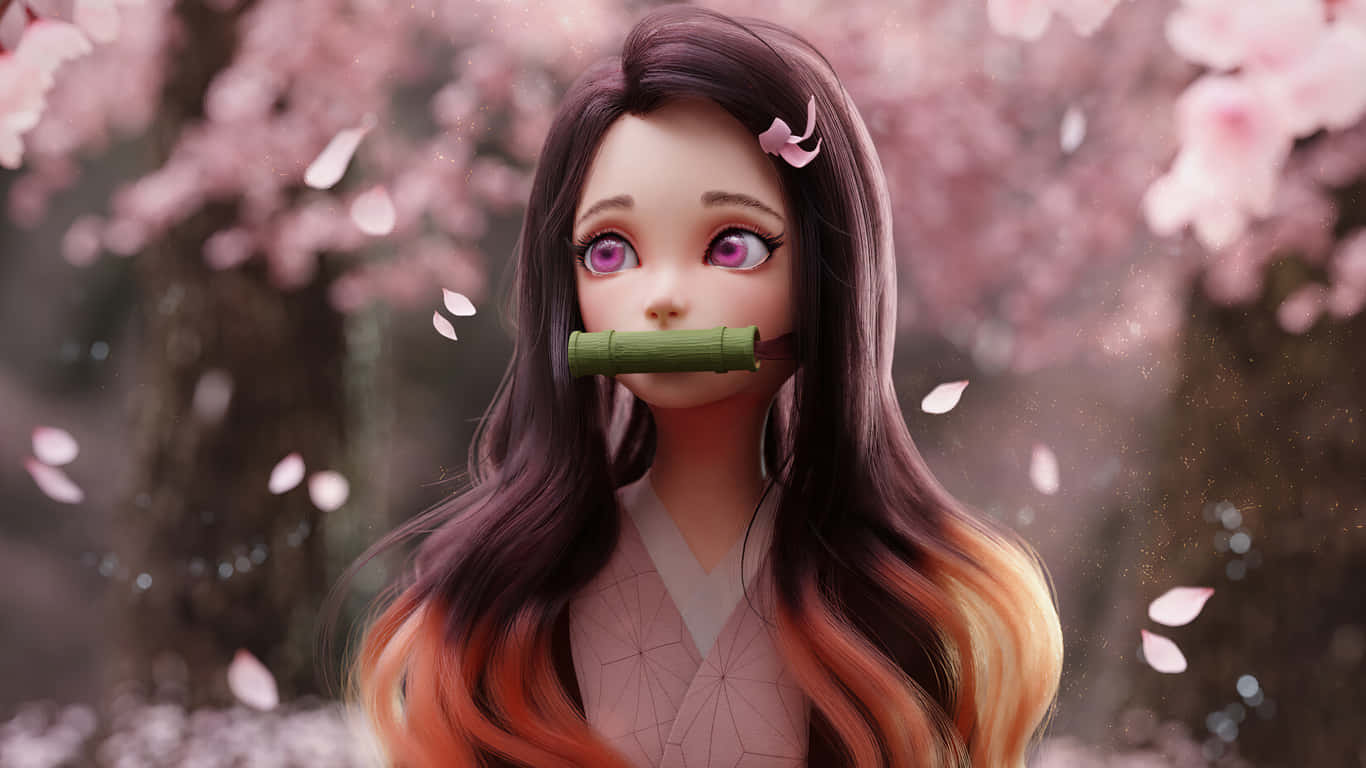 禰豆子 桌布 壁紙 — 一個寧靜的動漫女孩，長著漸變長髮和紫色眼睛，站在飄落的櫻花下，嘴裡含著一根竹管。