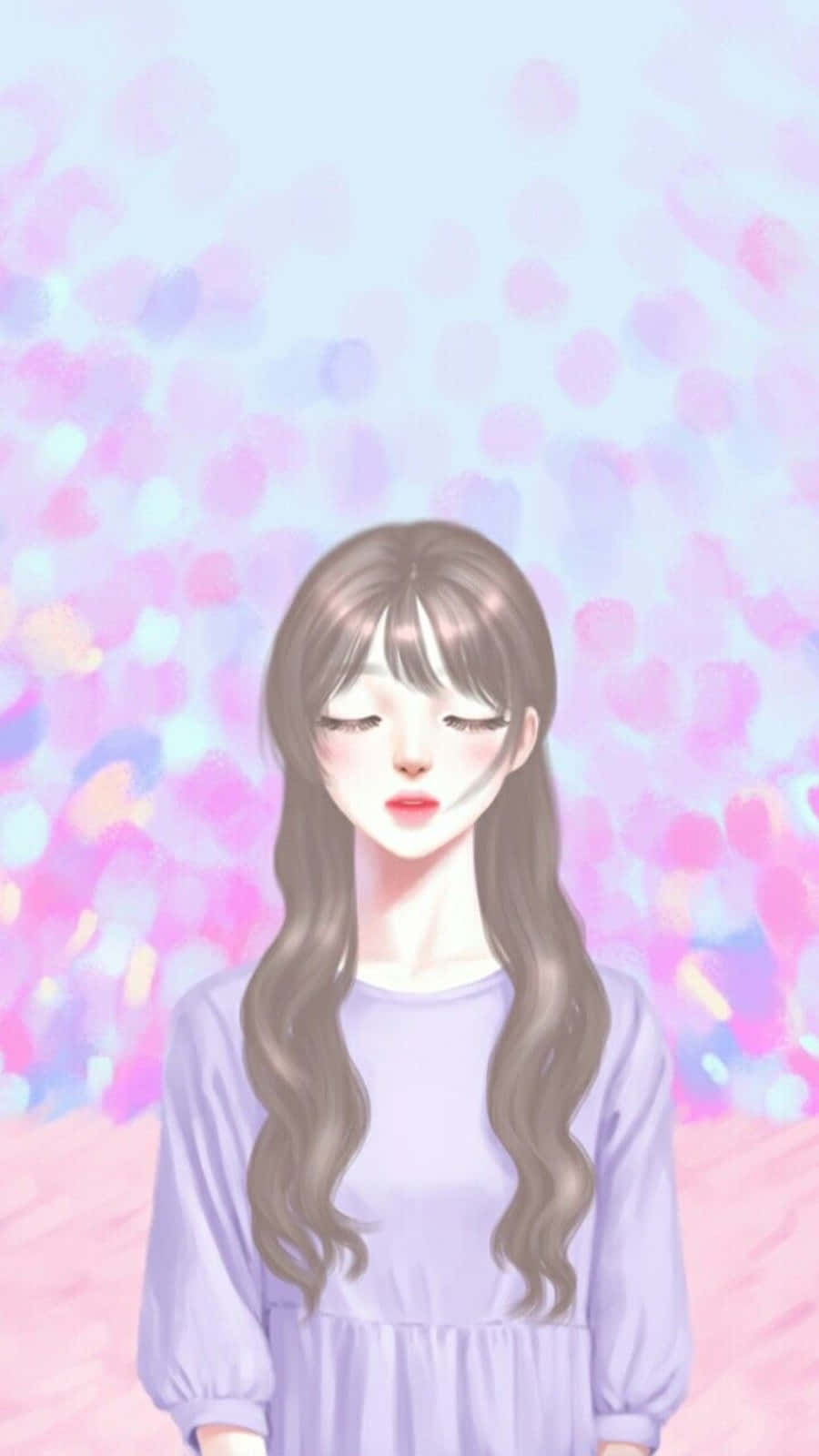 薰衣草美學 桌布 壁紙 — 一個寧靜的動漫女孩，長長的棕色頭髮和閉上的眼睛，站在粉紅色和藍色散景燈光的柔和粉彩背景中。