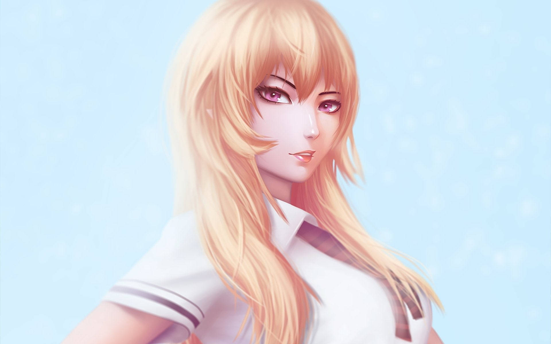 food wars shokugeki no soma 桌布 壁紙 — 一個寧靜的動漫女孩，長長的金髮和紫色的眼睛，在柔和的藍色背景上溫柔地凝視。