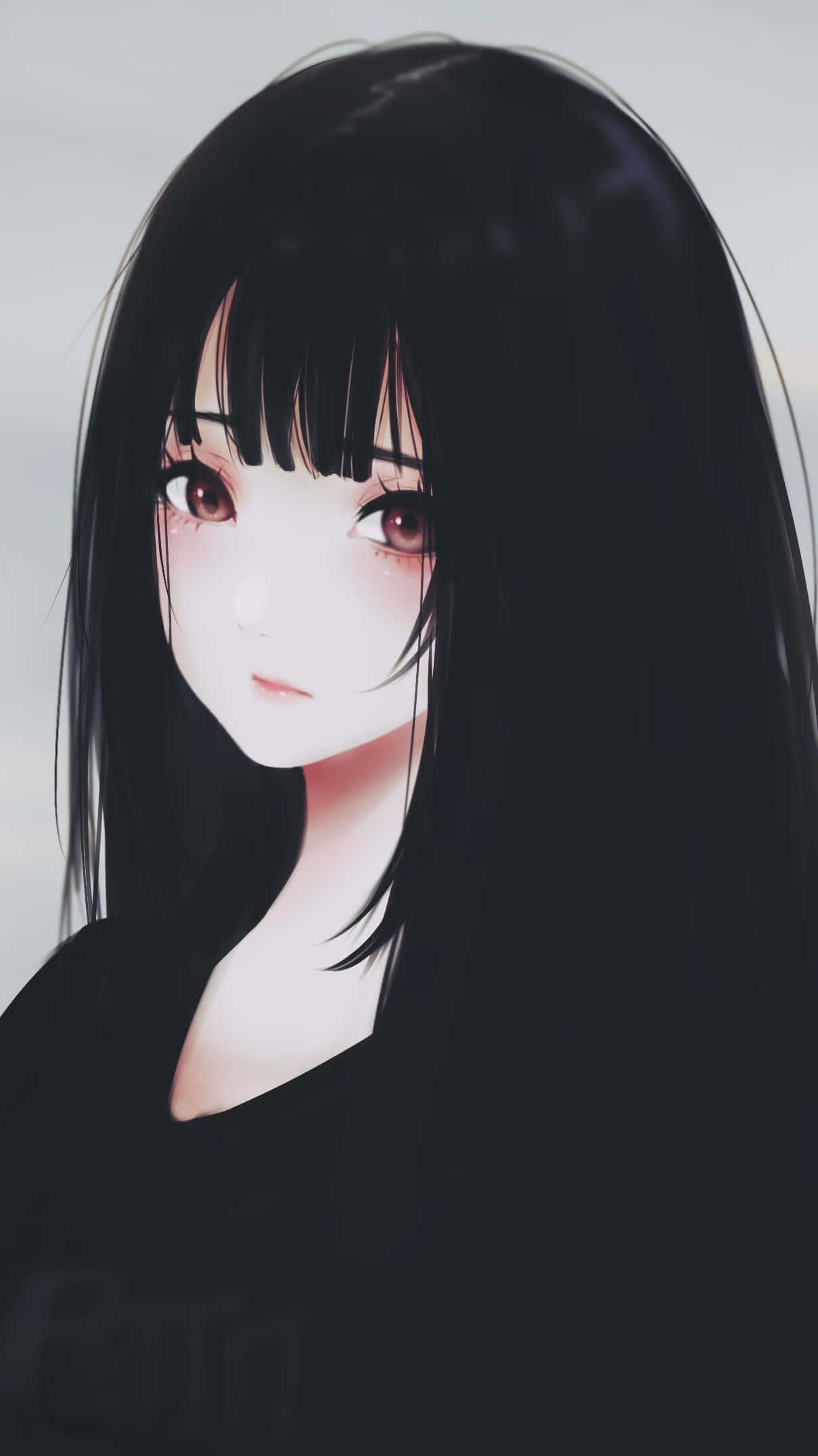 Dark Anime Girl 桌布 壁紙 — 一個寧靜的動漫女孩，長長的黑髮和柔軟的棕色眼睛，在柔和的灰色背景下溫柔地凝視。