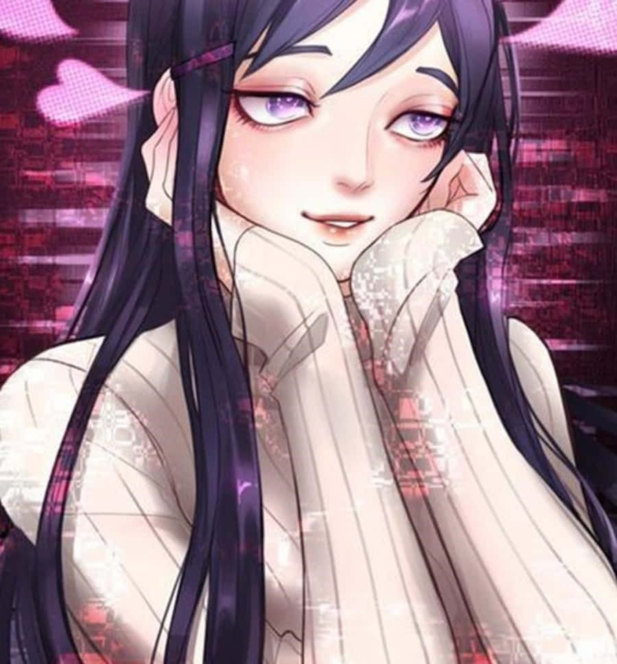 動漫女孩 桌布 壁紙 — 一個寧靜的動漫女孩，長長的黑髮和紫色眼睛，將下巴靠在手上，背景是帶有故障效果的粉紅色數位背景。