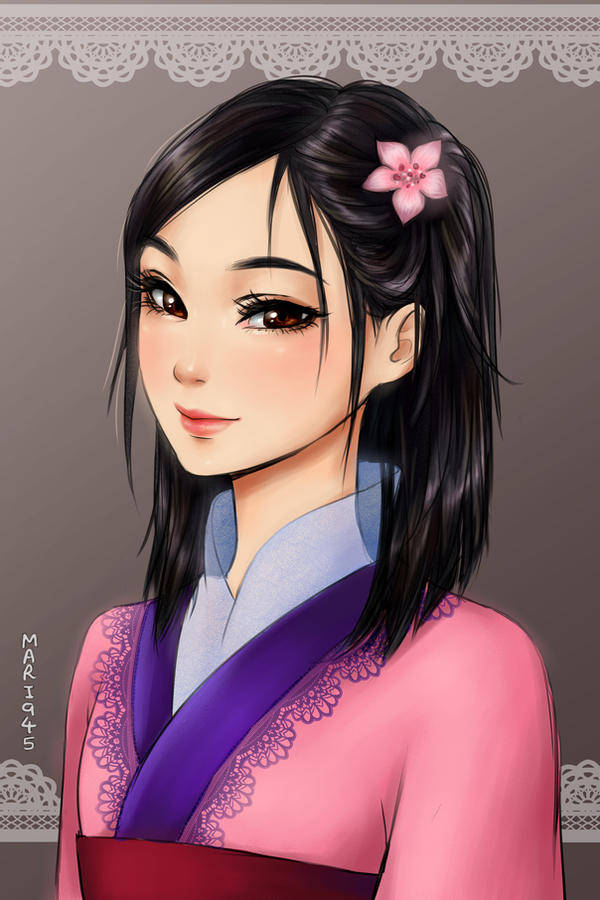 Mulan 桌布 壁紙 — 一個寧靜的動漫女孩，黑髮上點綴著粉紅色的櫻花，穿著粉紅色和紫色的傳統服裝，背景有蕾絲邊飾。