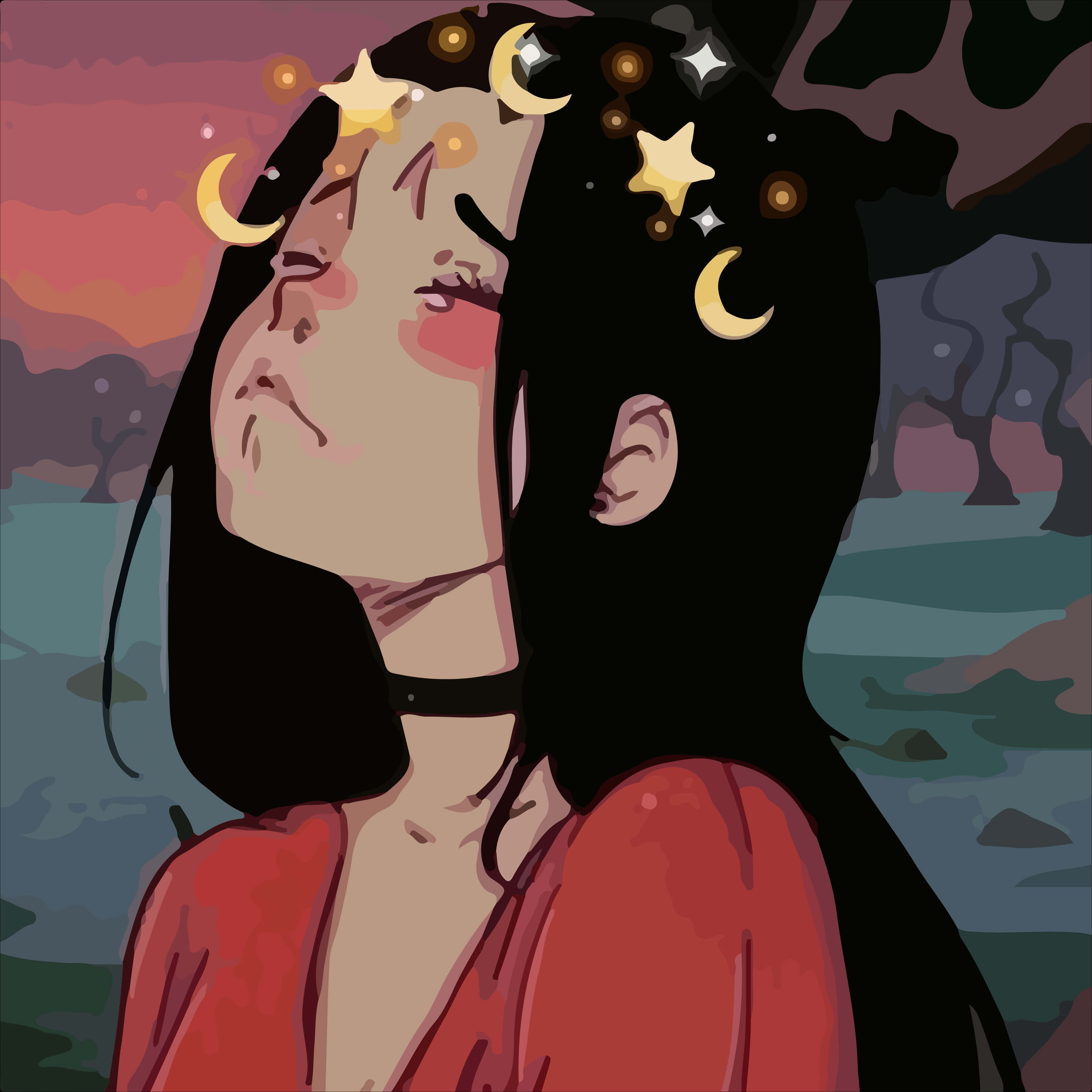 動漫女孩 桌布 壁紙 — 一個寧靜的動漫女孩，黑髮和天體符號，漂浮在帶有柔和粉紅色和紫色色調的暮色天空前。