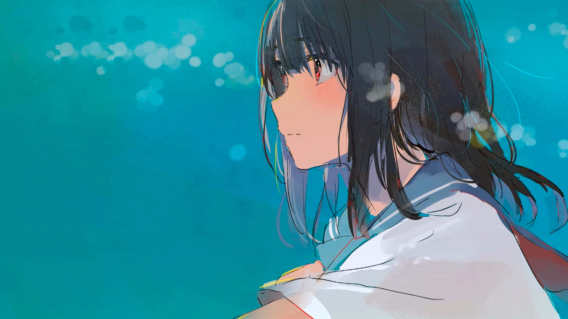 動漫女孩 桌布 壁紙 — 一個寧靜的動漫女孩，黑髮紅眼，在柔和的青綠色背景上，伴隨著飄浮的散景燈光，若有所思地凝視著。