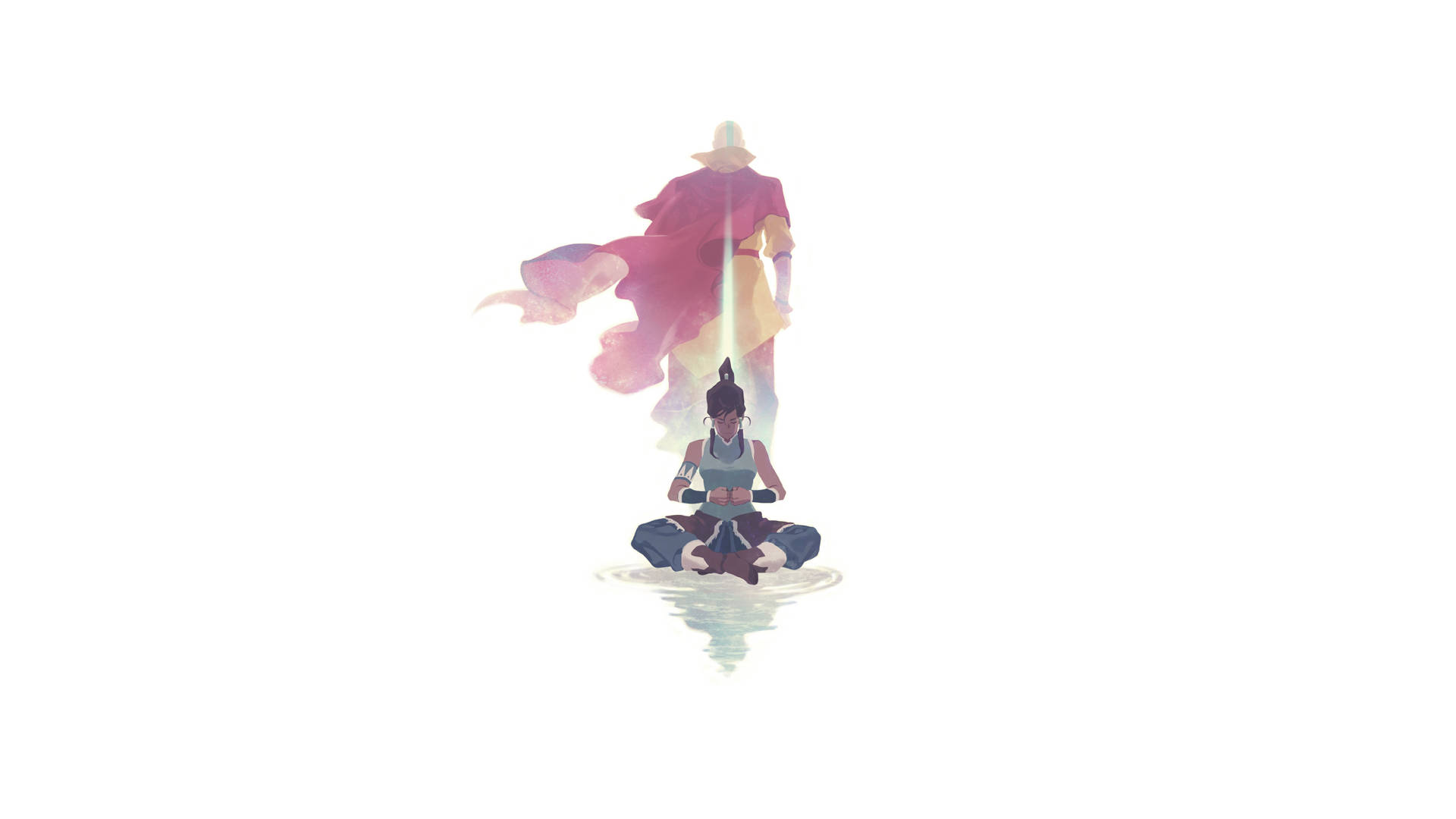 Korra 桌布 壁紙 — 一個寧靜的動漫女孩在水中冥想，一個發光的紅袍身影在她上方柔和的光線中盤旋。