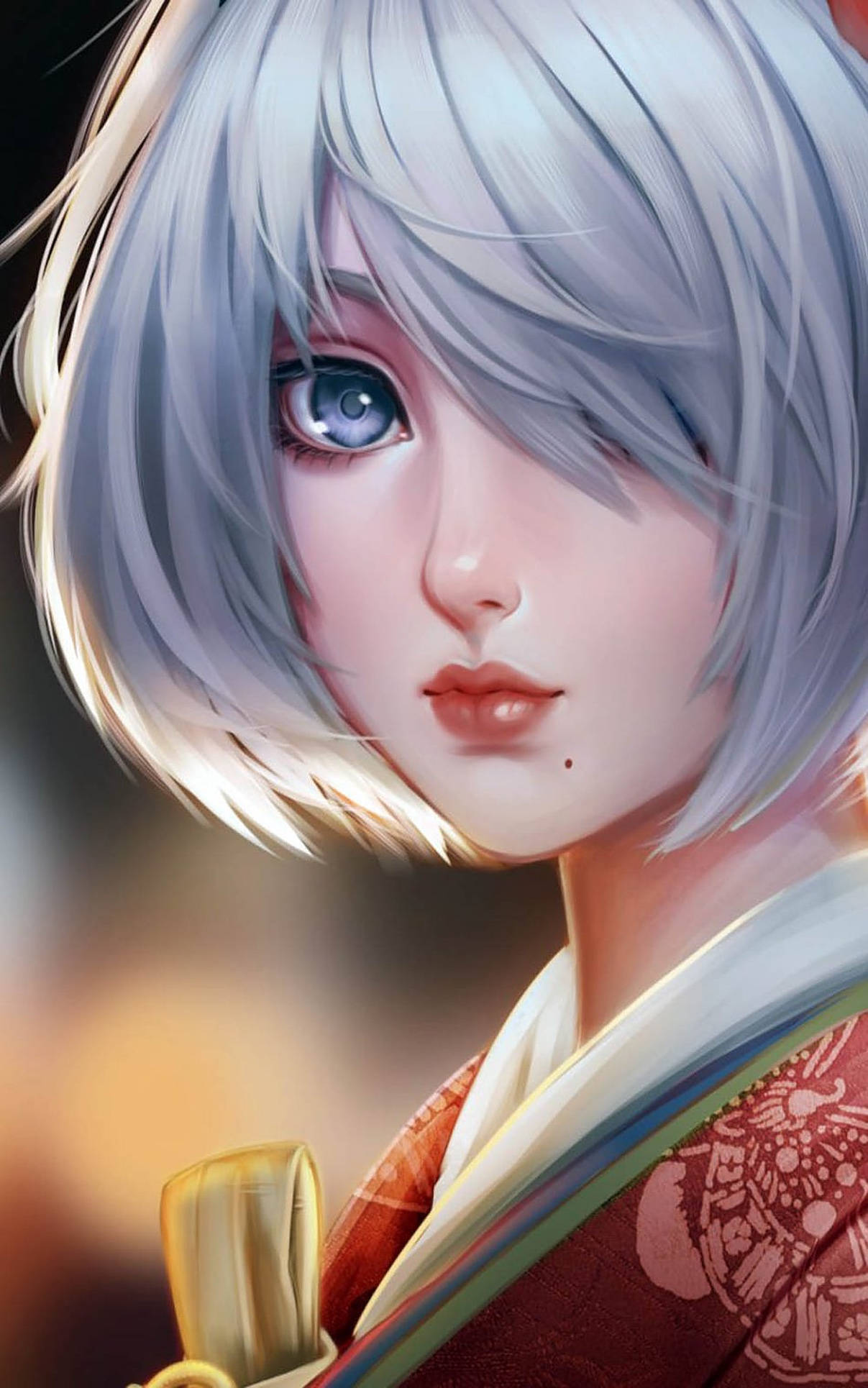 Profile 桌布 壁紙 — 一個寧靜的動漫女孩特寫，銀色頭髮和藍色眼睛，穿著傳統和服，握著劍柄。