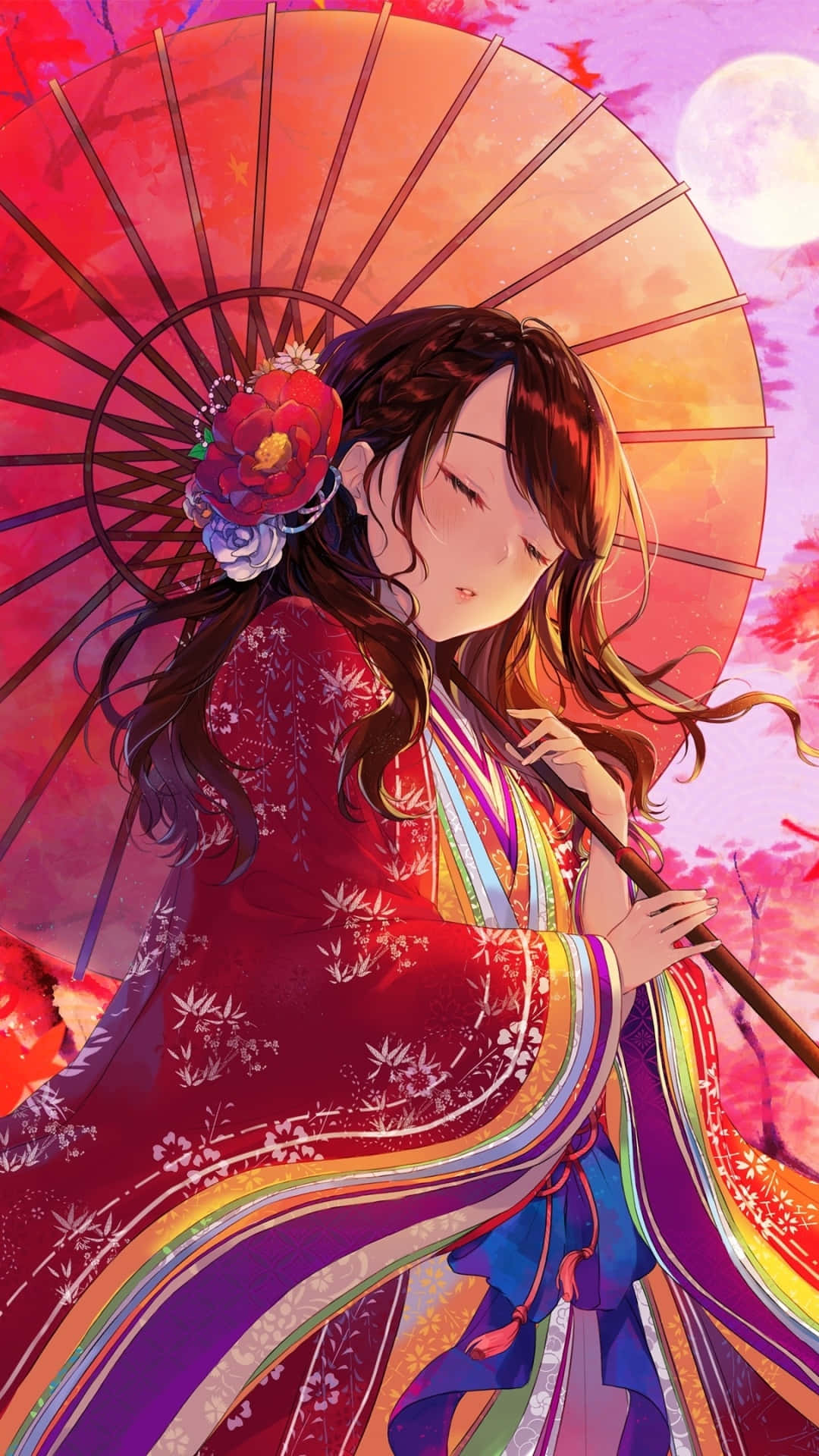 Umbrella 桌布 壁紙 — 一個寧靜的動漫女孩穿著紅色和服，在盛開的粉紅櫻花中，於發光的滿月下拿著相配的陽傘。