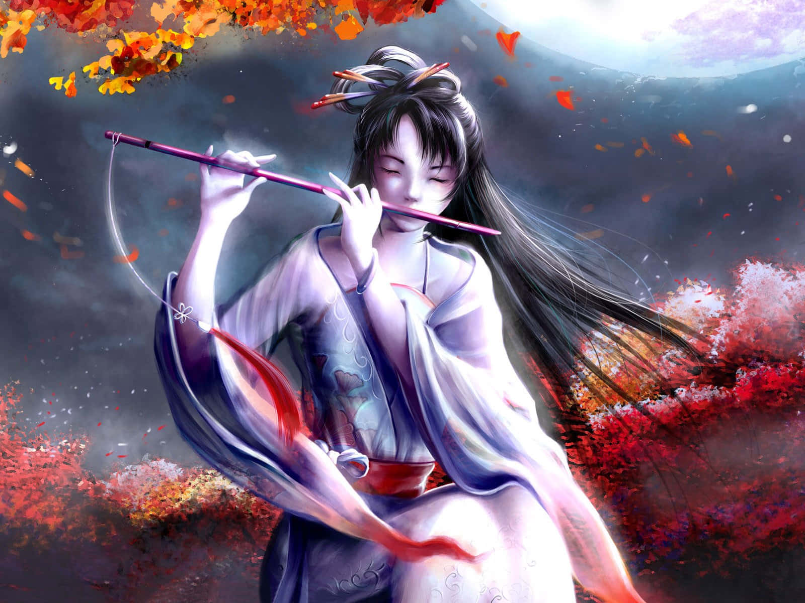 夜空 桌布 壁紙 — 一個寧靜的動漫女孩穿著飄逸的長袍，在明月下吹奏長笛，秋葉在她周圍旋轉。