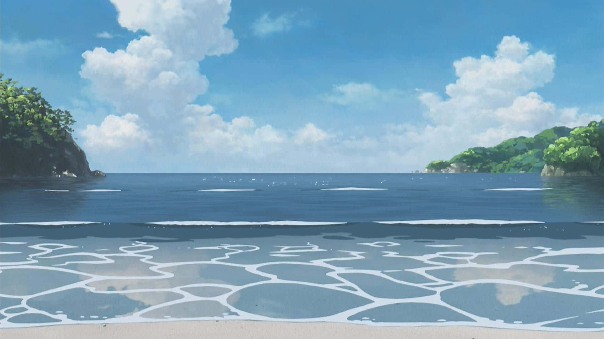海灘 桌布 壁紙 — 一個寧靜的動漫海灘場景，溫柔的海浪拍打著海岸，明亮的藍天點綴著蓬鬆的白雲。