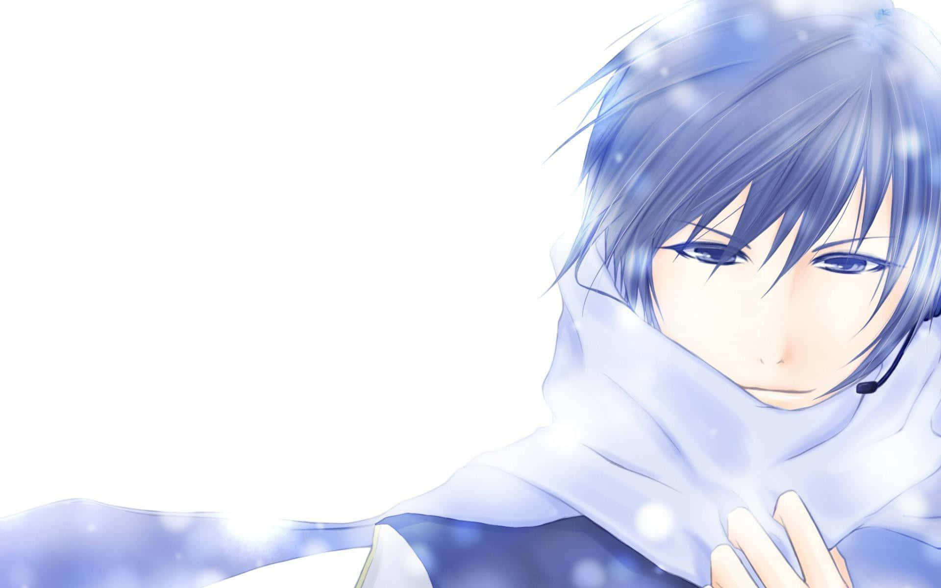Cute Anime Boys 桌布 壁紙 — 一個寧靜的動漫男孩，藍色頭髮和圍巾，在雪白的背景上溫柔地凝視。