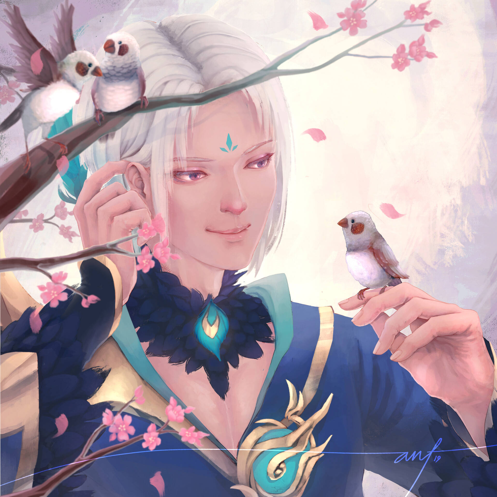 Mobile Legends 動態圖 桌布 壁紙 — 一個寧靜的動漫角色，擁有白髮和青綠色點綴，在飄落的櫻花中溫柔地與小鳥互動。