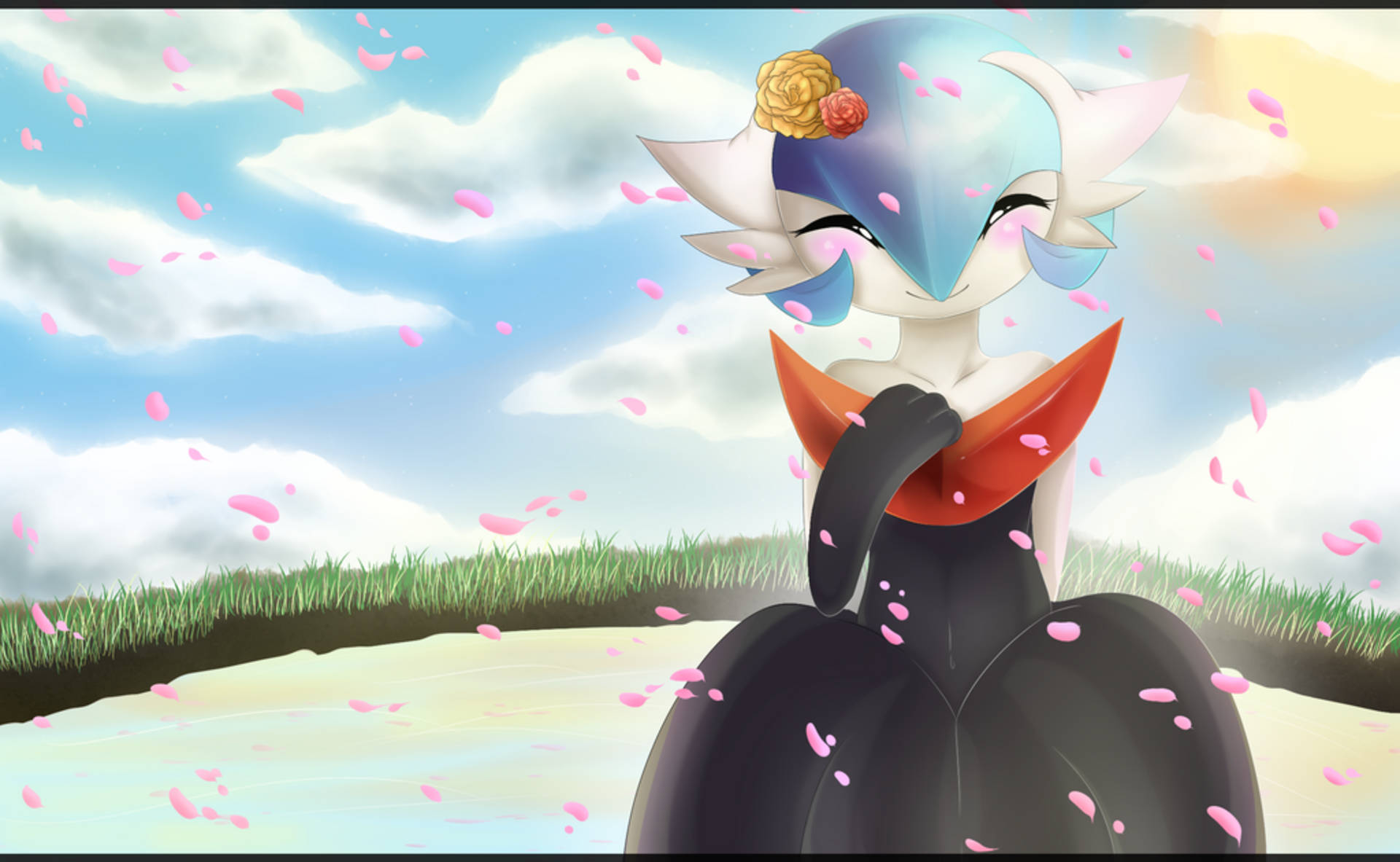Gardevoir 桌布 壁紙 — 一個寧靜的動漫角色，藍白相間的頭髮上點綴著花朵，坐在池塘邊，粉紅色的花瓣在明亮的天空中飄舞。