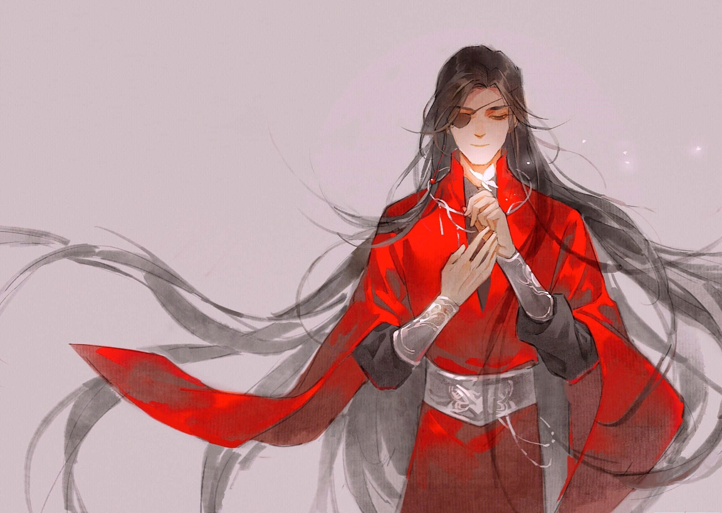 動漫 桌布 壁紙 — 一個寧靜的動漫角色，身穿飄逸的紅色長袍，長長的黑髮在風中飄揚，背景是柔和的灰色。
