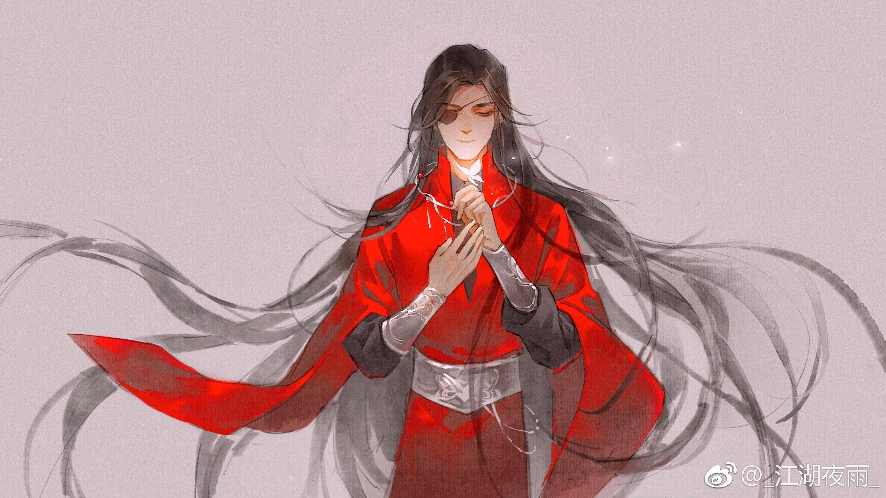 花城 桌布 壁紙 — 一個寧靜的動漫角色，身穿飄逸的紅色長袍，長長的黑髮，站在柔和的灰色背景前。