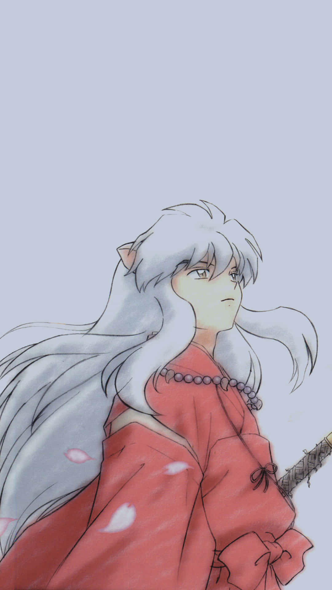 Inuyasha iPhone 桌布 壁紙 — 一個寧靜的動漫角色，長長銀髮和紅色長袍，在柔和的薰衣草背景下向上凝視。