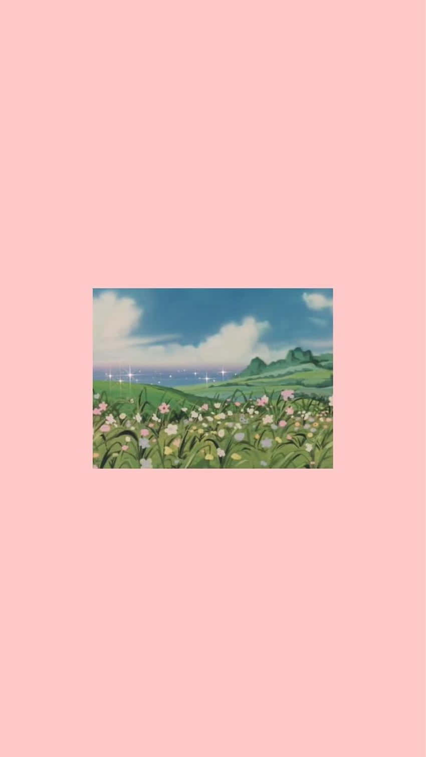 動漫 桌布 壁紙 — 一個寧靜的動漫風格原野，粉紅色和白色的花朵，藍天白雲，遠處有綠色山丘。