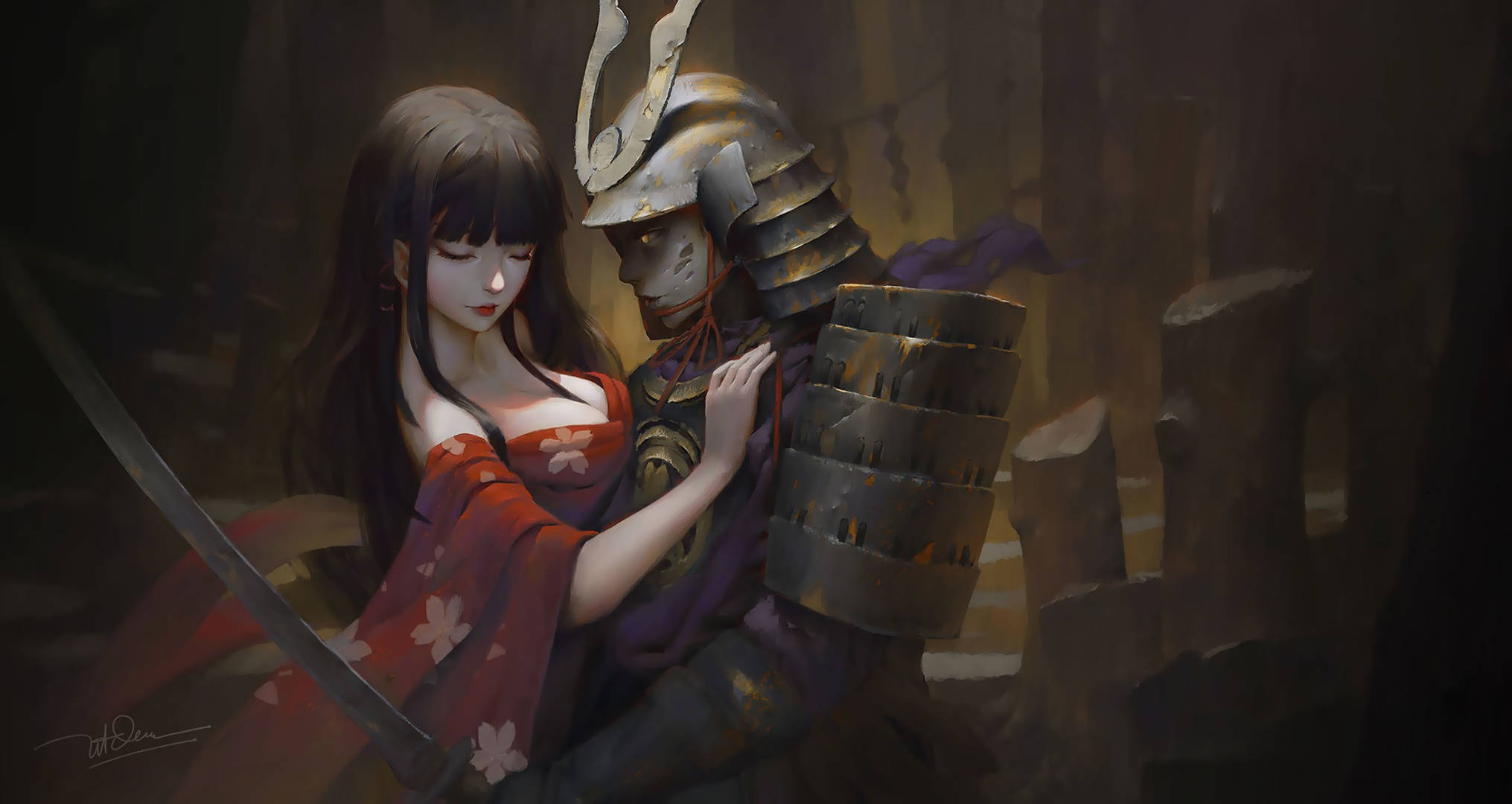 武士動畫 桌布 壁紙 — 一個寧靜的動漫風格場景，一位身穿紅色花卉和服的女性在昏暗的木製神社內輕輕觸碰一位身穿暗色鎧甲的武士。