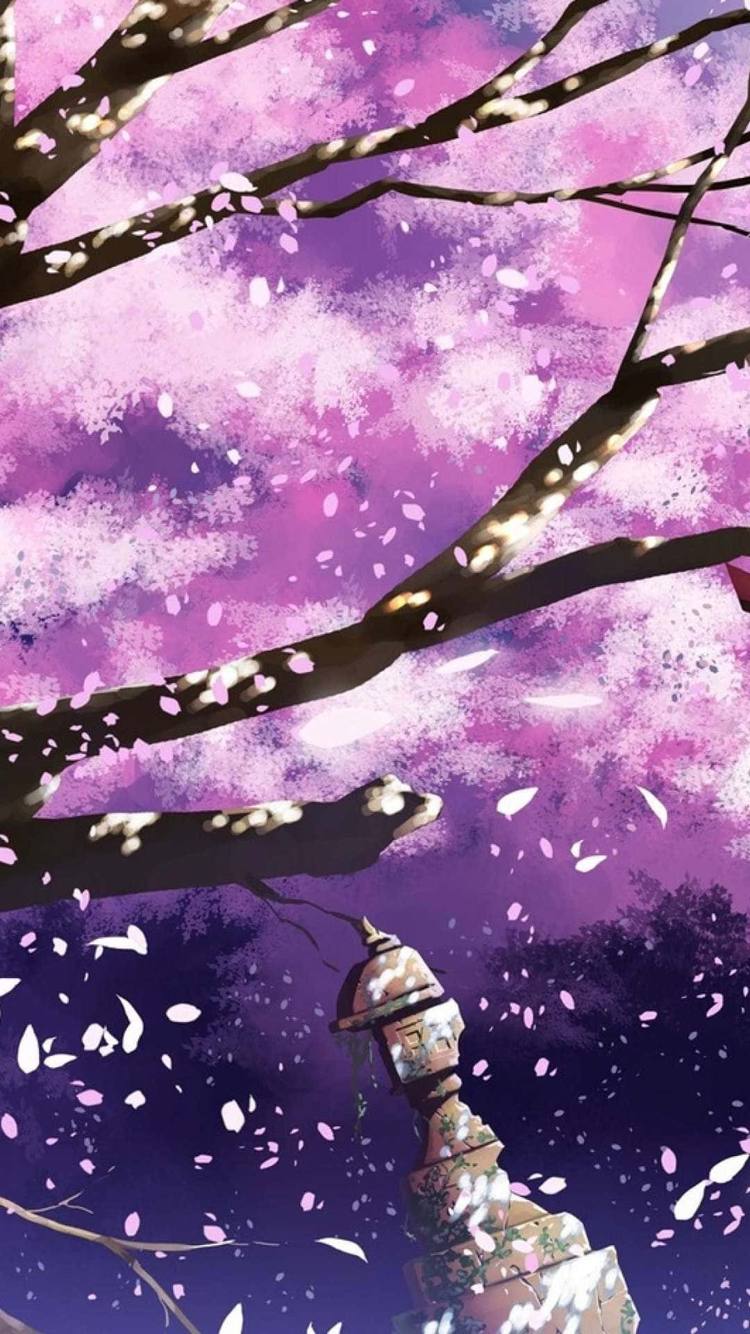 櫻花 桌布 壁紙 — 一個寧靜的動漫風格場景，櫻花飄落在石燈籠周圍，背景是紫色的暮色天空。